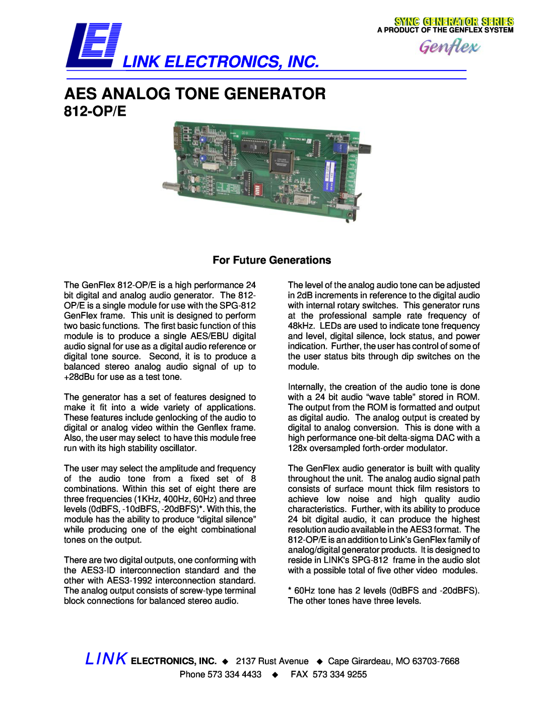 Link electronic 812-OP/E manual For Future Generations, Link Electronics, Inc, Aes Analog Tone Generator 