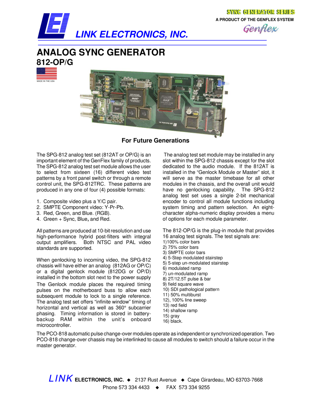 Link electronic 812-OP/G manual Link ELECTRONICS, INC, Analog Sync Generator, For Future Generations 