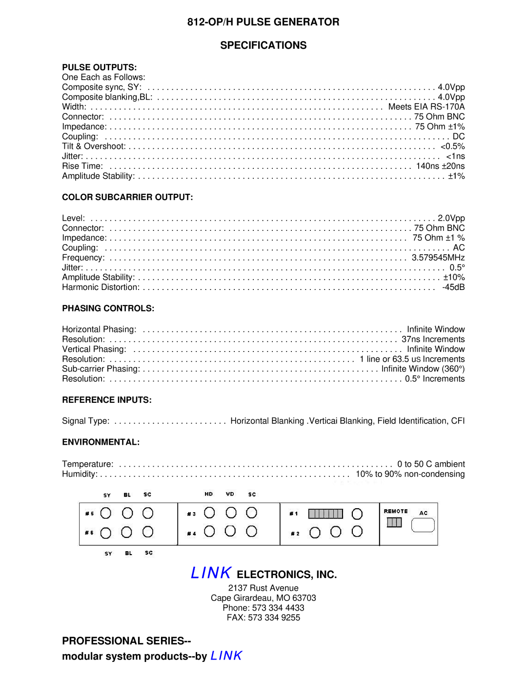 Link electronic manual 812-OP/H Pulse Generator Specifications, Link ELECTRONICS, INC, Professional Series 