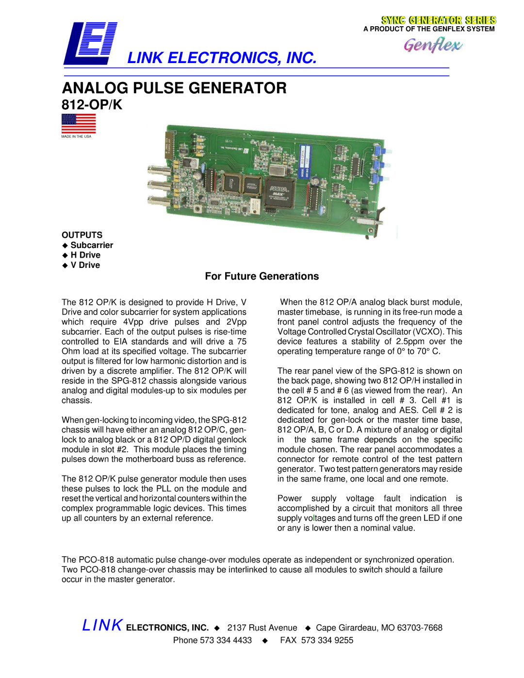 Link electronic 812-OP/K manual Link ELECTRONICS, INC, Analog Pulse Generator, For Future Generations, Outputs 