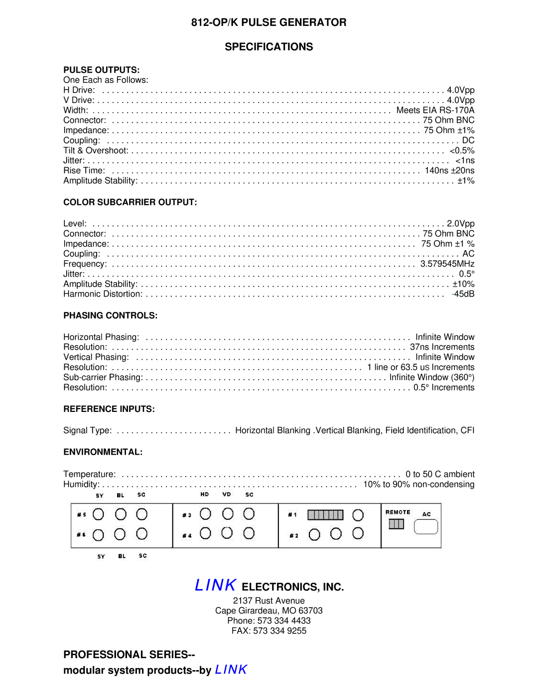 Link electronic manual 812-OP/K Pulse Generator Specifications, Link ELECTRONICS, INC, Professional Series 