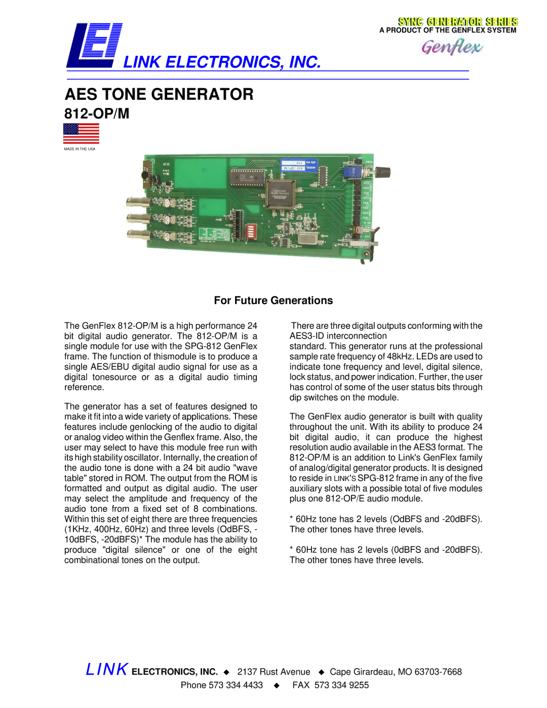 Link electronic 812-OP/M manual Link ELECTRONICS, INC, AES Tone Generator, For Future Generations 