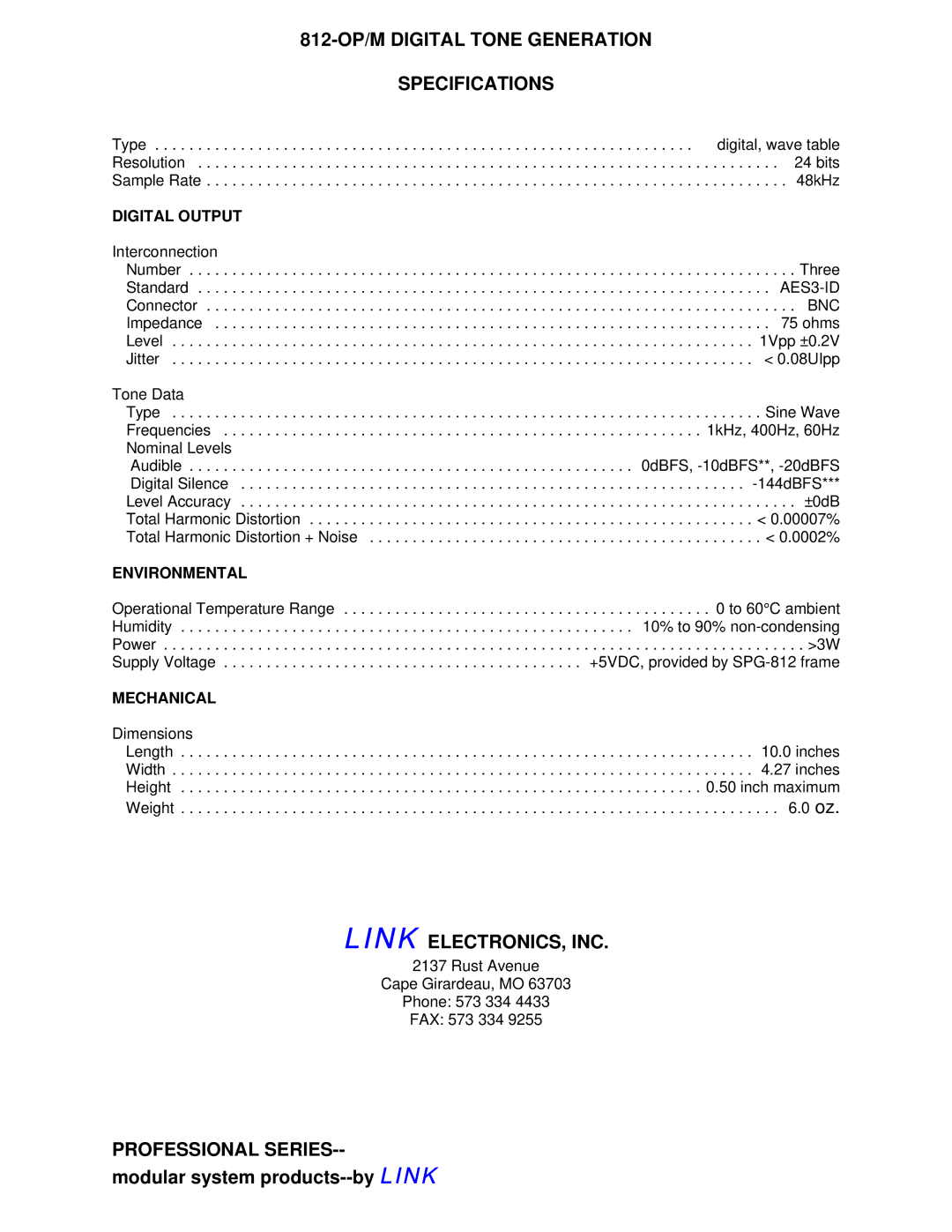 Link electronic manual 812-OP/M Digital Tone Generation Specifications, Link ELECTRONICS, INC, Professional Series 