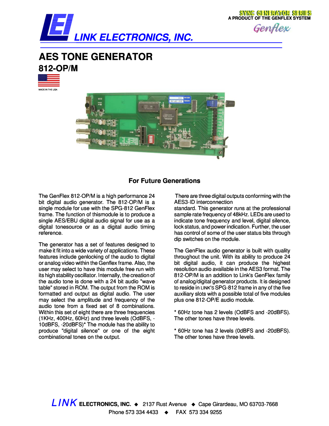 Link electronic 812-OP/M manual For Future Generations, Link Electronics, Inc, Aes Tone Generator 