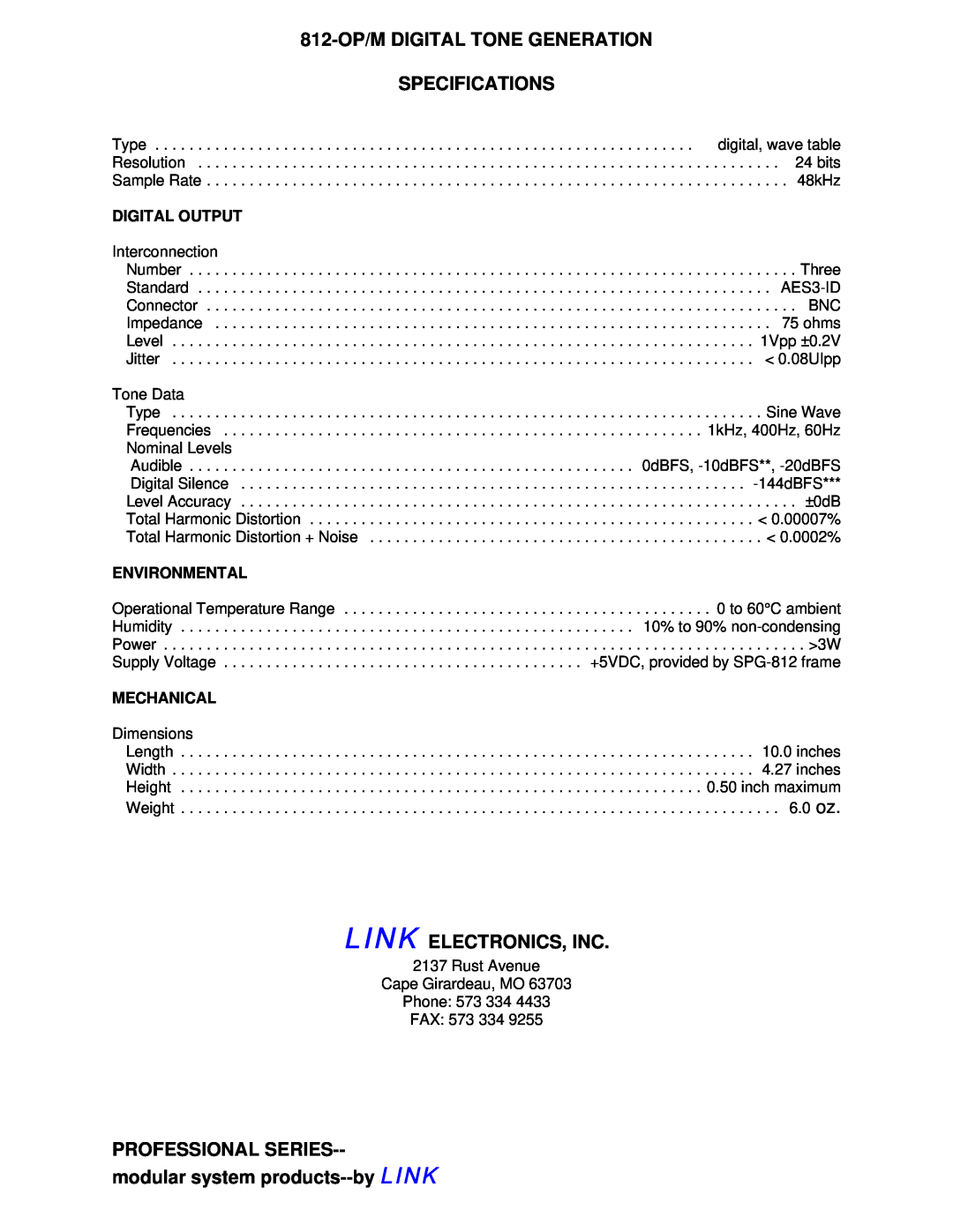 Link electronic 812-OP/M DIGITAL TONE GENERATION SPECIFICATIONS, Link Electronics, Inc, Digital Output, Environmental 