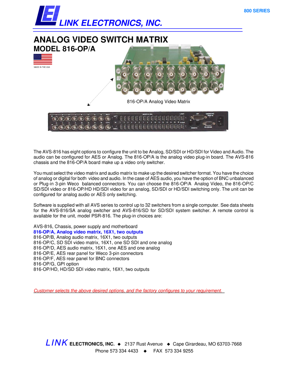 Link electronic manual Link ELECTRONICS, INC, Analog Video Switch Matrix, Model 816-OP/A 