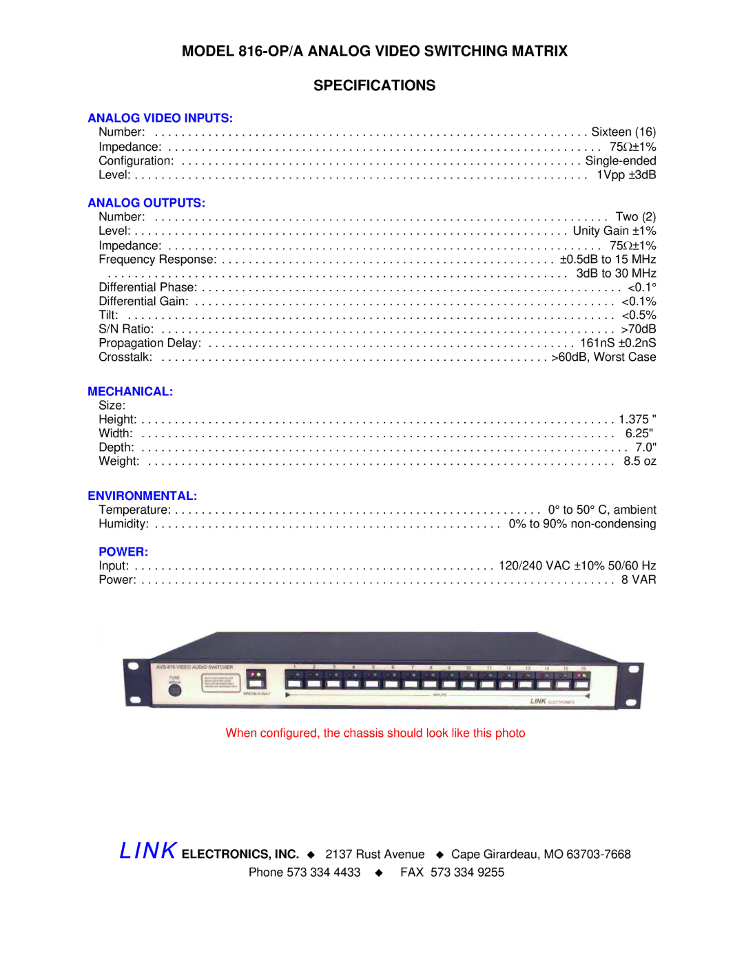 Link electronic manual Model 816-OP/A Analog Video Switching Matrix Specifications 