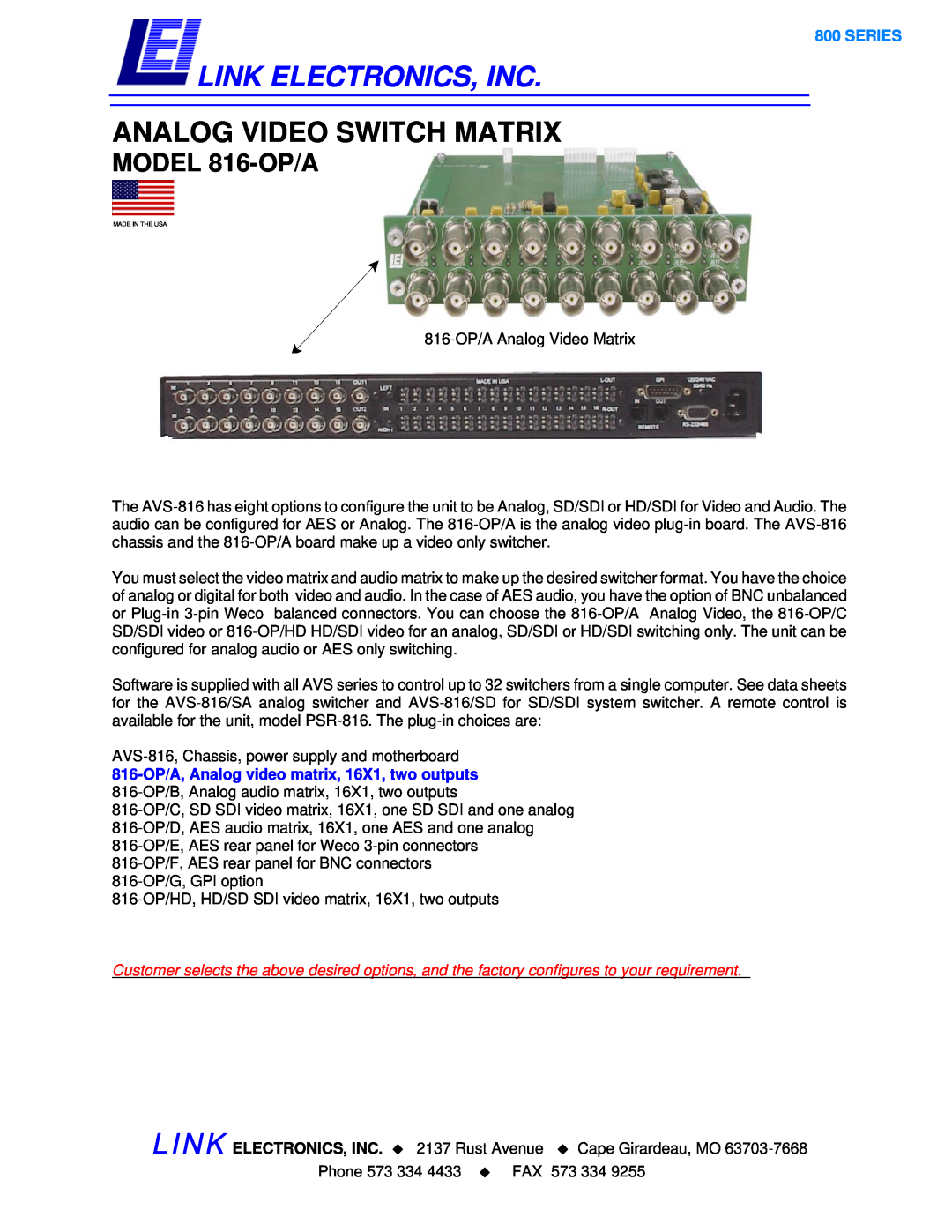 Link electronic manual 816-OP/A, Analog video matrix, 16X1, two outputs, Link Electronics, Inc, MODEL 816-OP/A, Series 