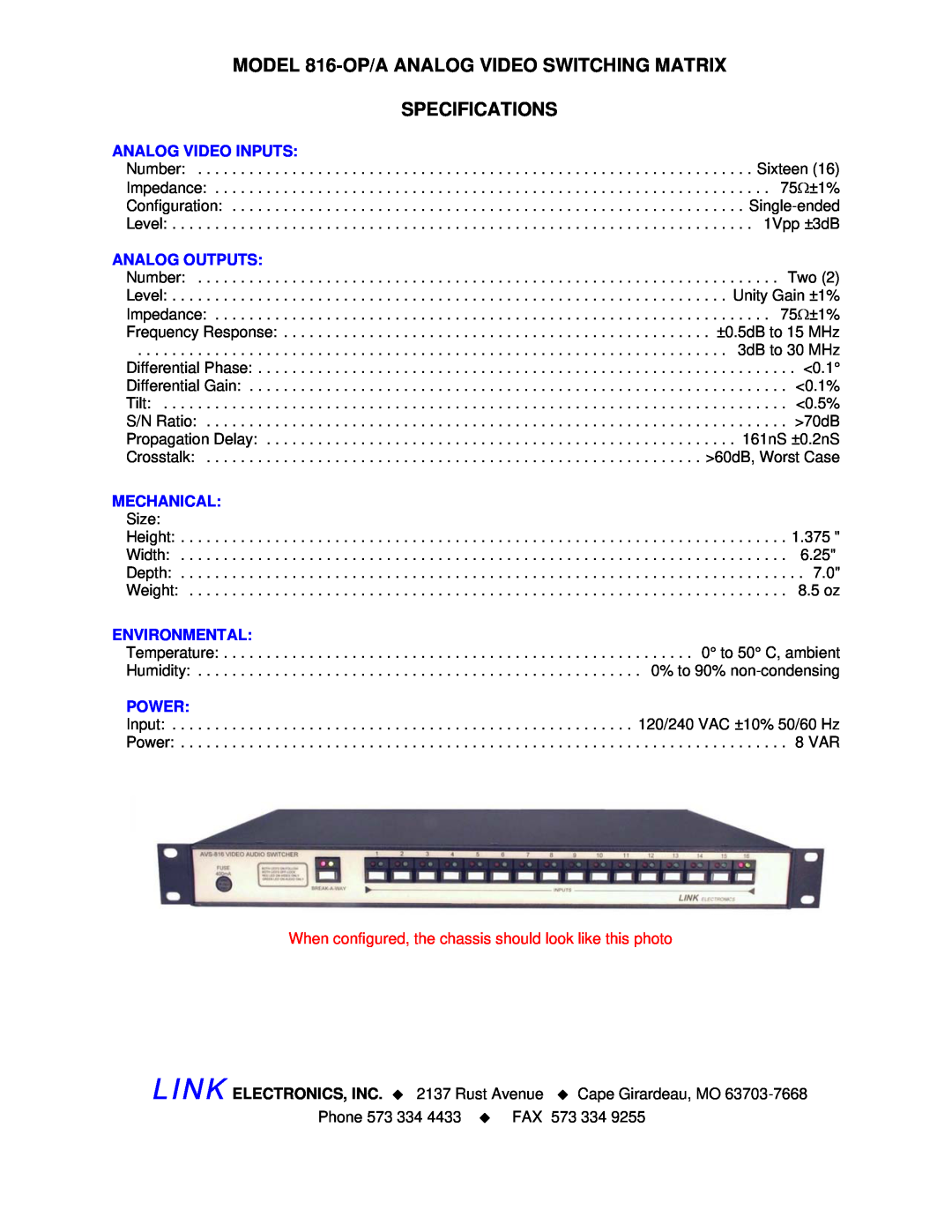 Link electronic 816-OP/A manual Analog Video Inputs, Analog Outputs, Mechanical, Environmental, Power 