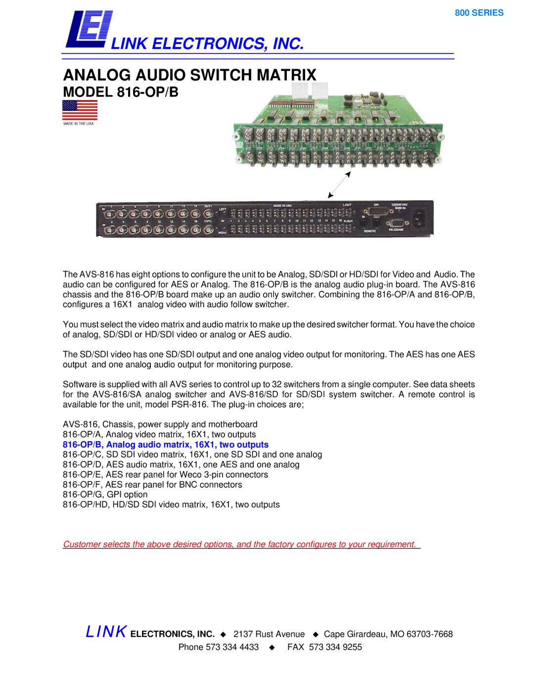 Link electronic 816-OP/B manual Link ELECTRONICS, INC 