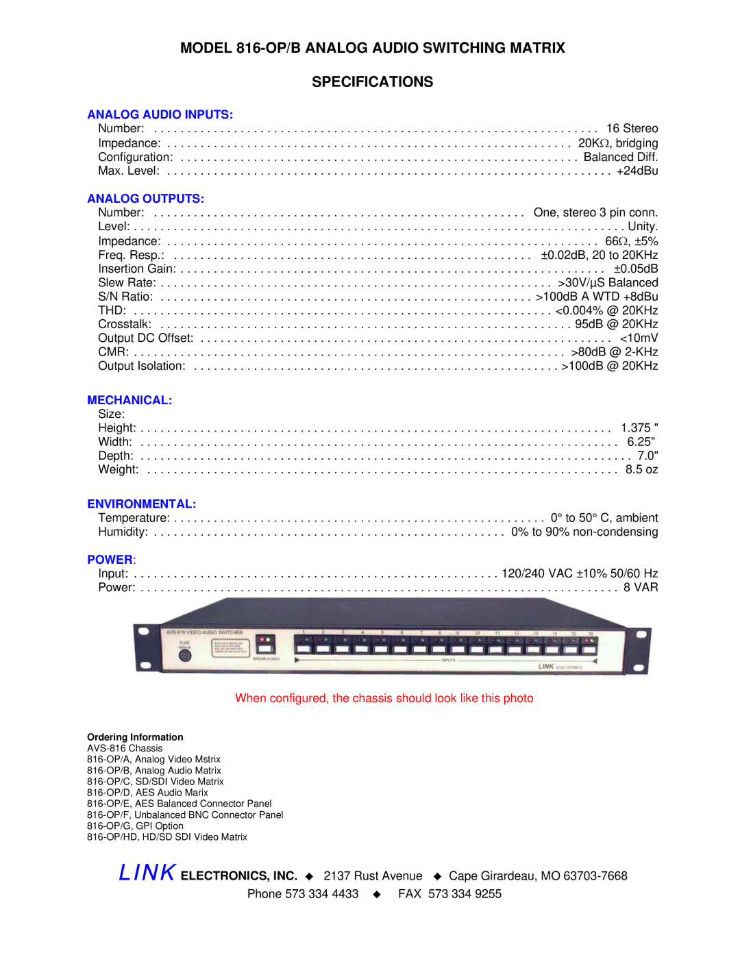 Link electronic 816-OP/B manual Analog Audio Inputs, Analog Outputs, Mechanical, Environmental, Power 