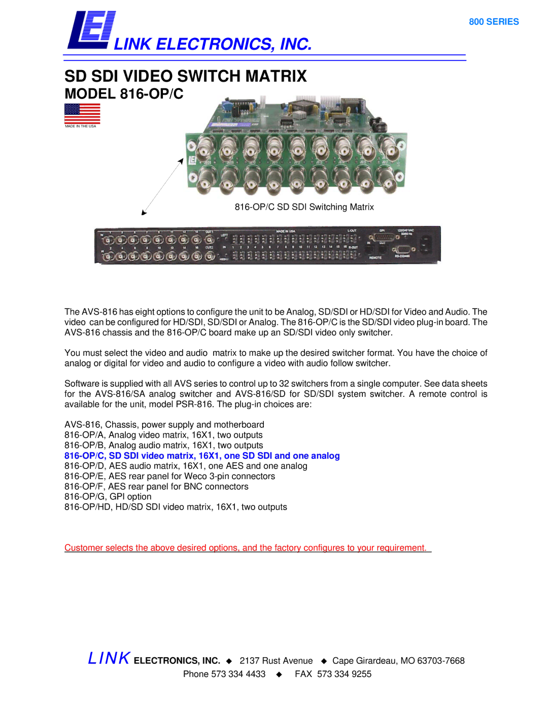 Link electronic manual Link ELECTRONICS, INC, SD SDI Video Switch Matrix, Model 816-OP/C 