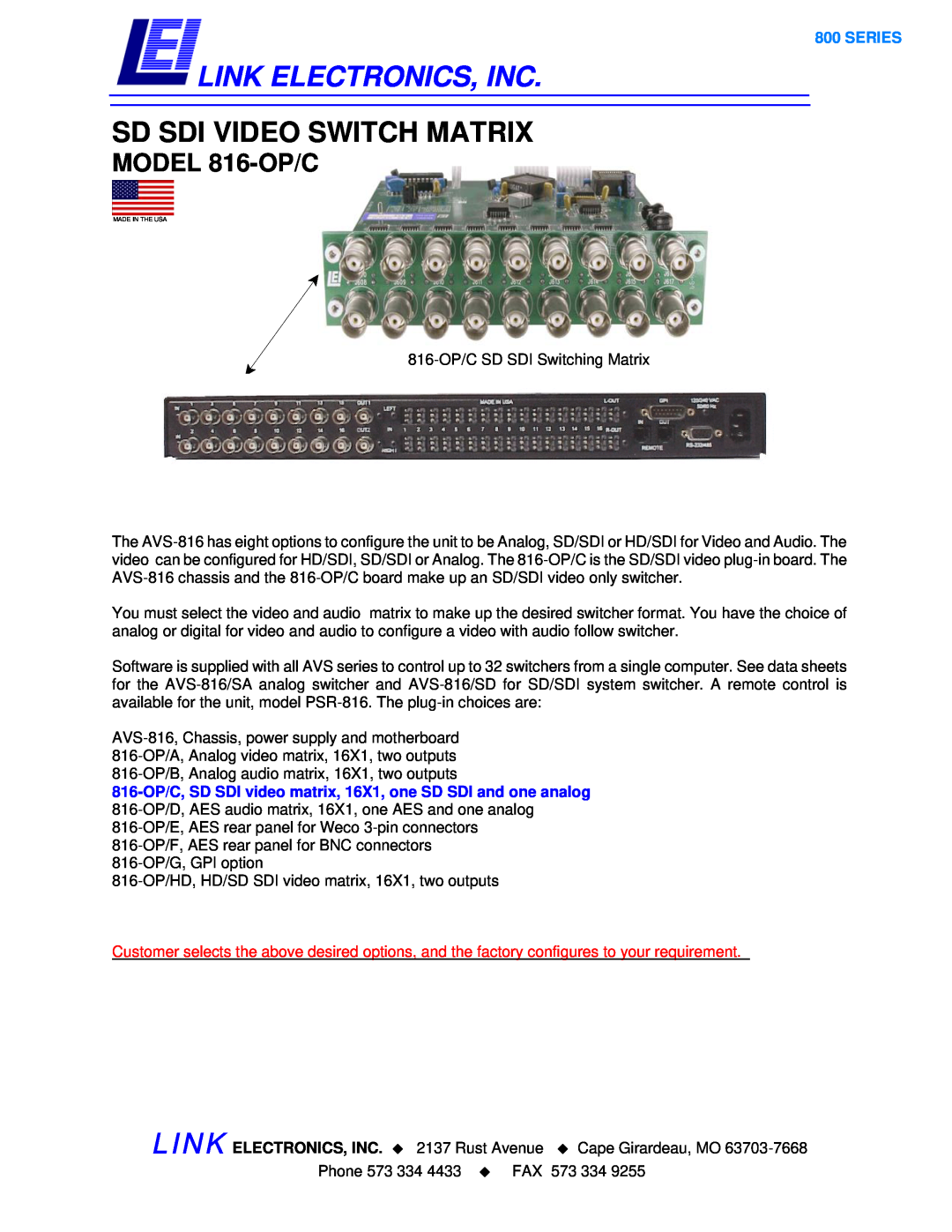 Link electronic manual Link Electronics, Inc, Sd Sdi Video Switch Matrix, MODEL 816-OP/C, Series 
