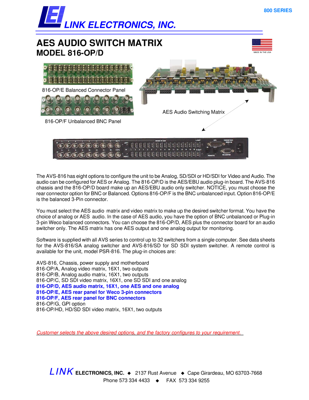 Link electronic manual Link ELECTRONICS, INC, AES Audio Switch Matrix, Model 816-OP/D 