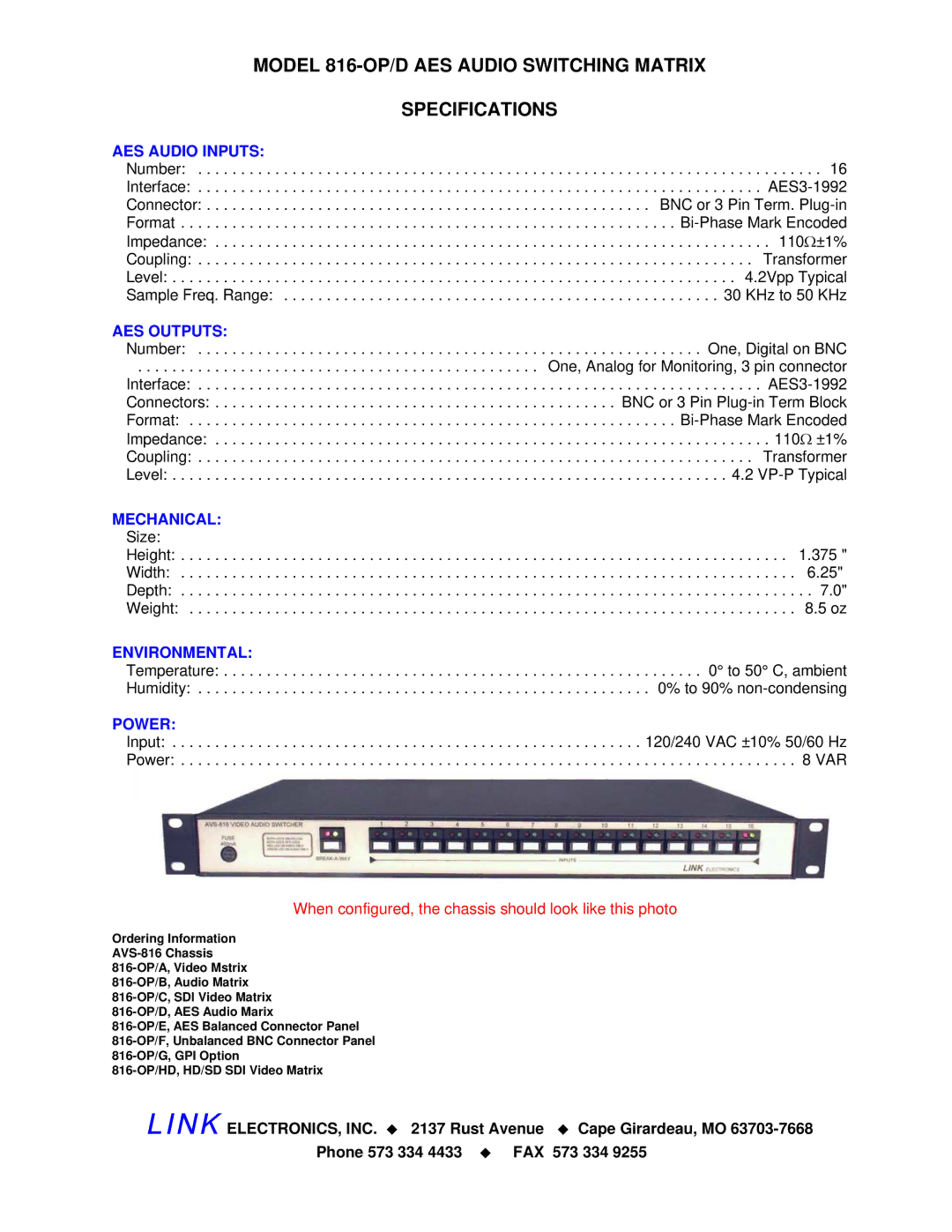 Link electronic manual Model 816-OP/D AES Audio Switching Matrix Specifications 