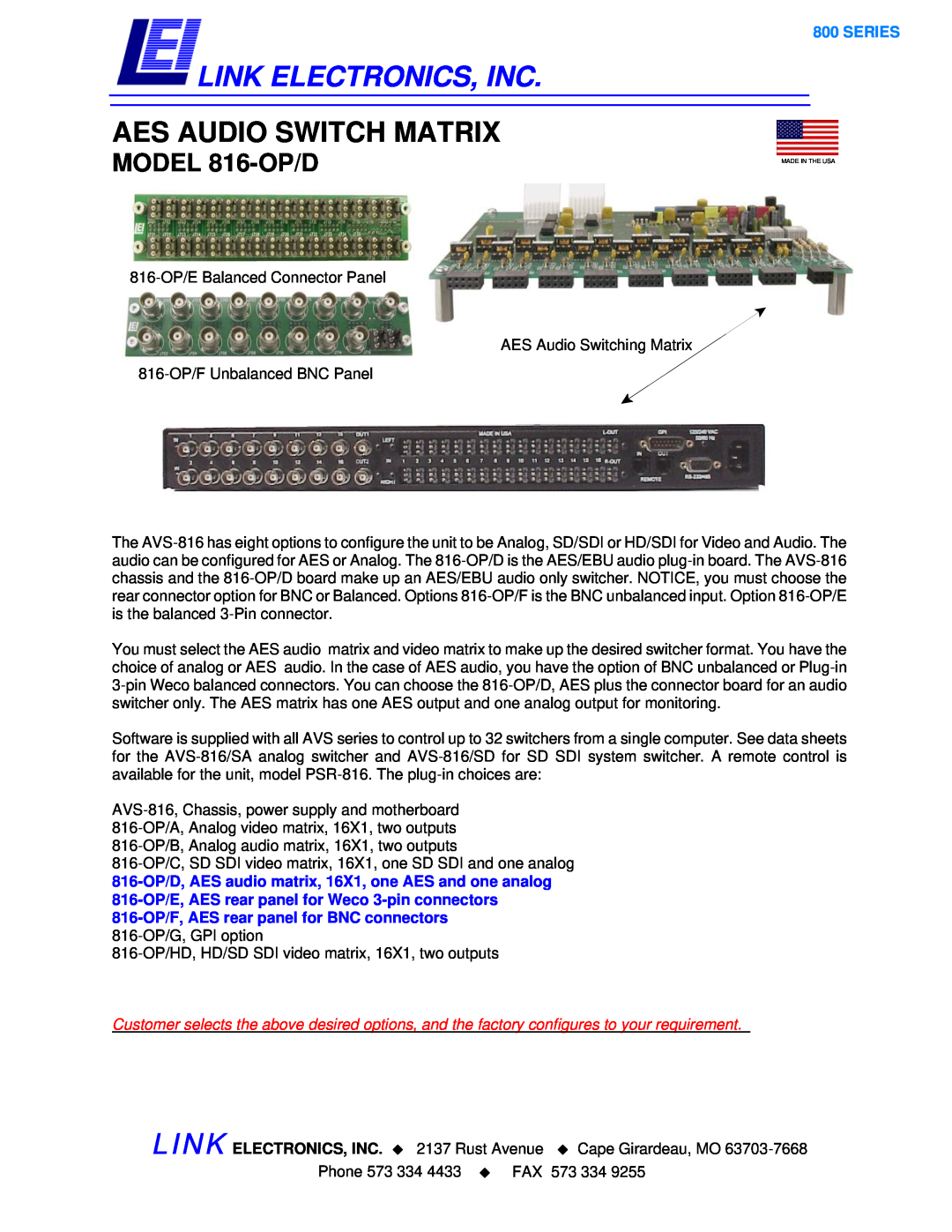 Link electronic manual Link Electronics, Inc, Aes Audio Switch Matrix, MODEL 816-OP/D, Series 