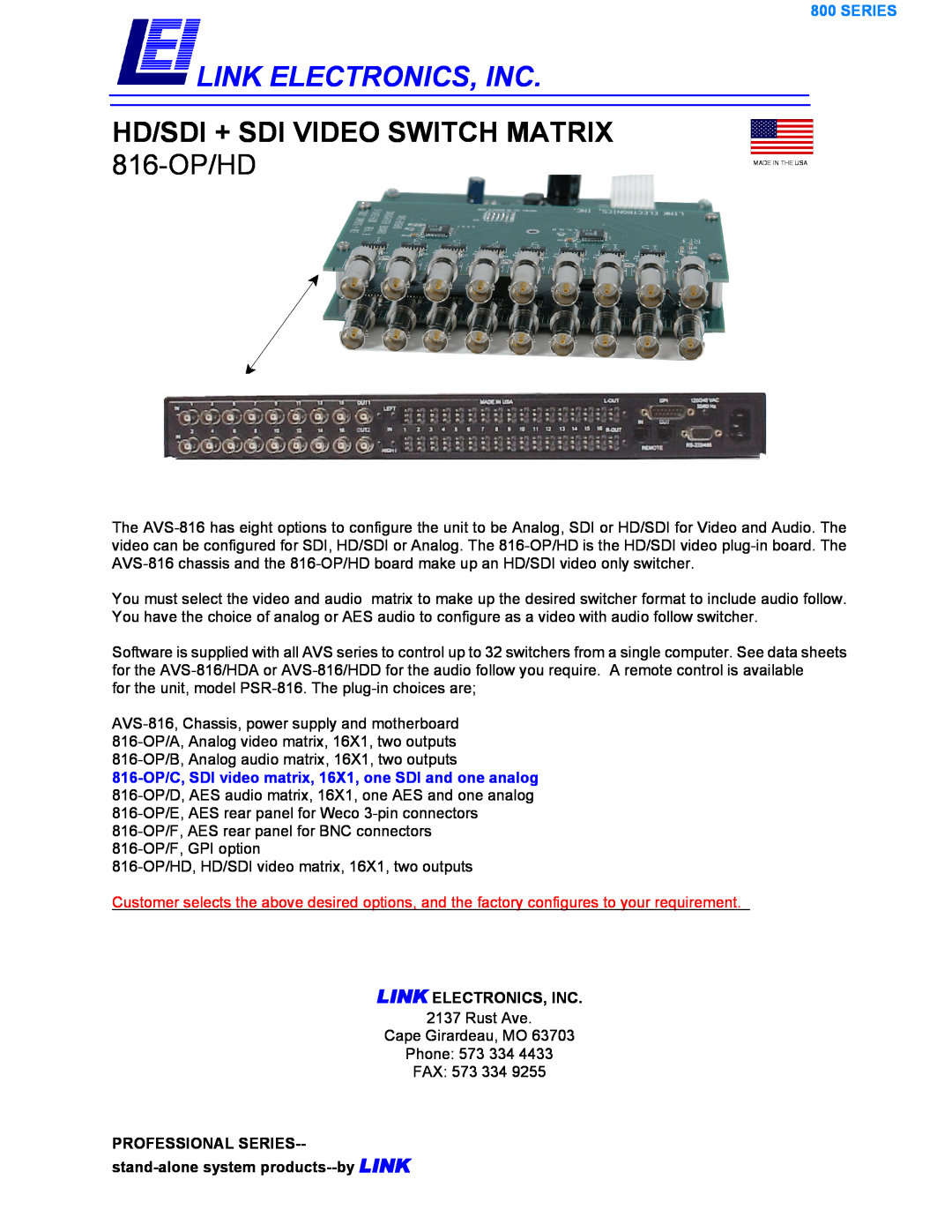Link electronic 816-OP/HD manual Link Electronics, Inc, PROFESSIONAL SERIES-- stand-alone system products--by LINK, Series 