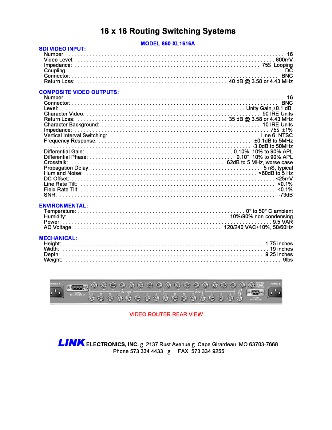 Link electronic manual MODEL 860-XL1616A SDI VIDEO INPUT, Composite Video Outputs, Environmental, Mechanical 