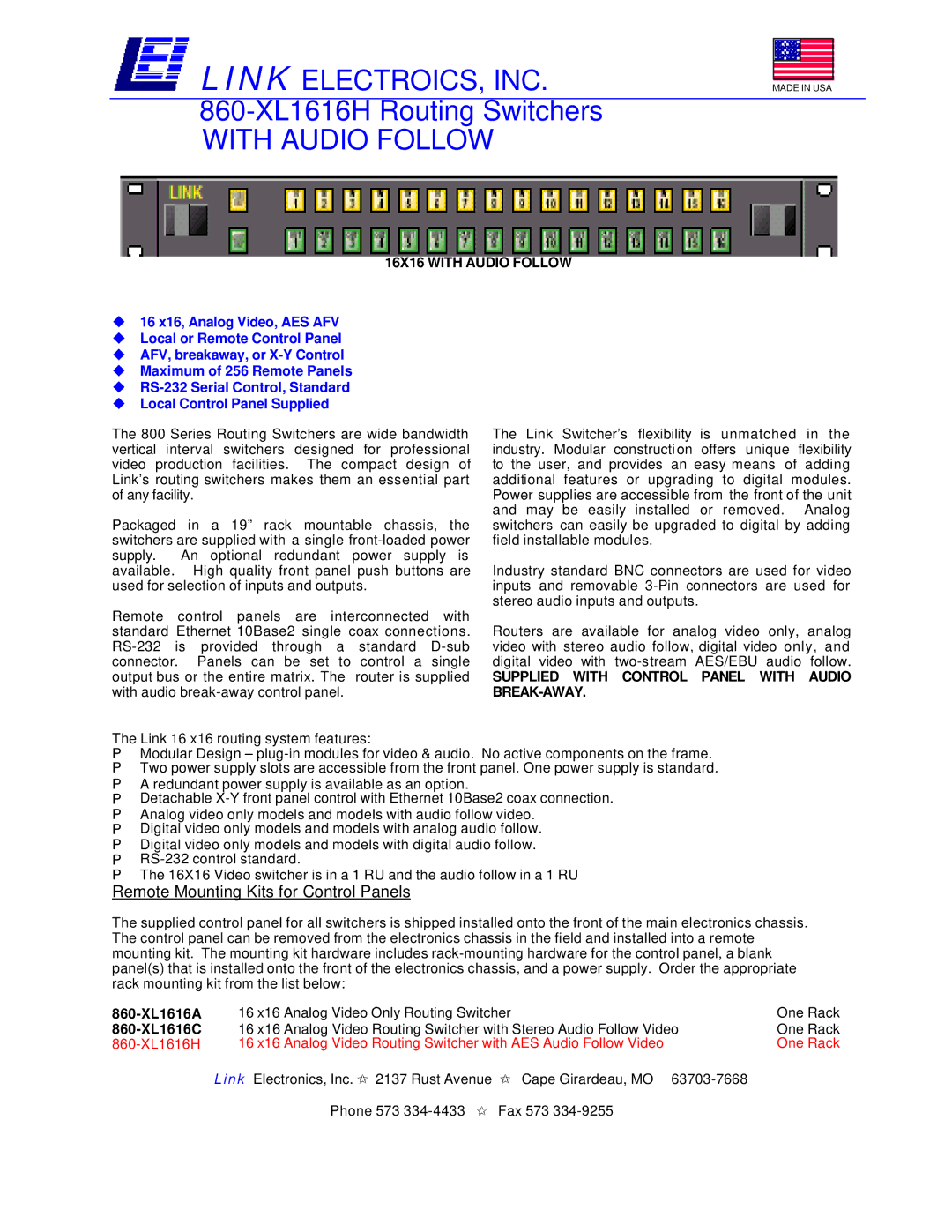 Link electronic 860-XL1616H manual 16X16 with Audio Follow, Supplied with Control Panel with Audio BREAK-AWAY 