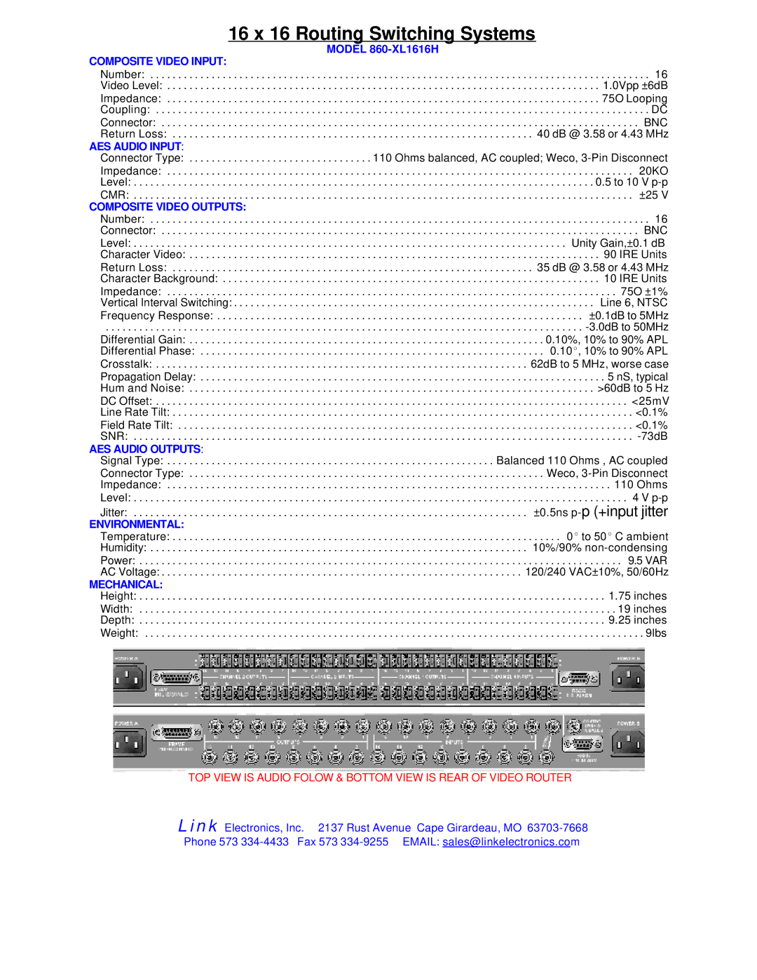 Link electronic 860-XL1616H Composite Video Input, AES Audio Input, Composite Video Outputs, AES Audio Outputs, Mechanical 