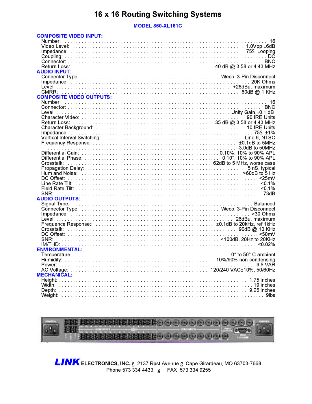 Link electronic 860-XL161C manual Composite Video Input, Audio Input, Composite Video Outputs, Audio Outputs, Environmental 