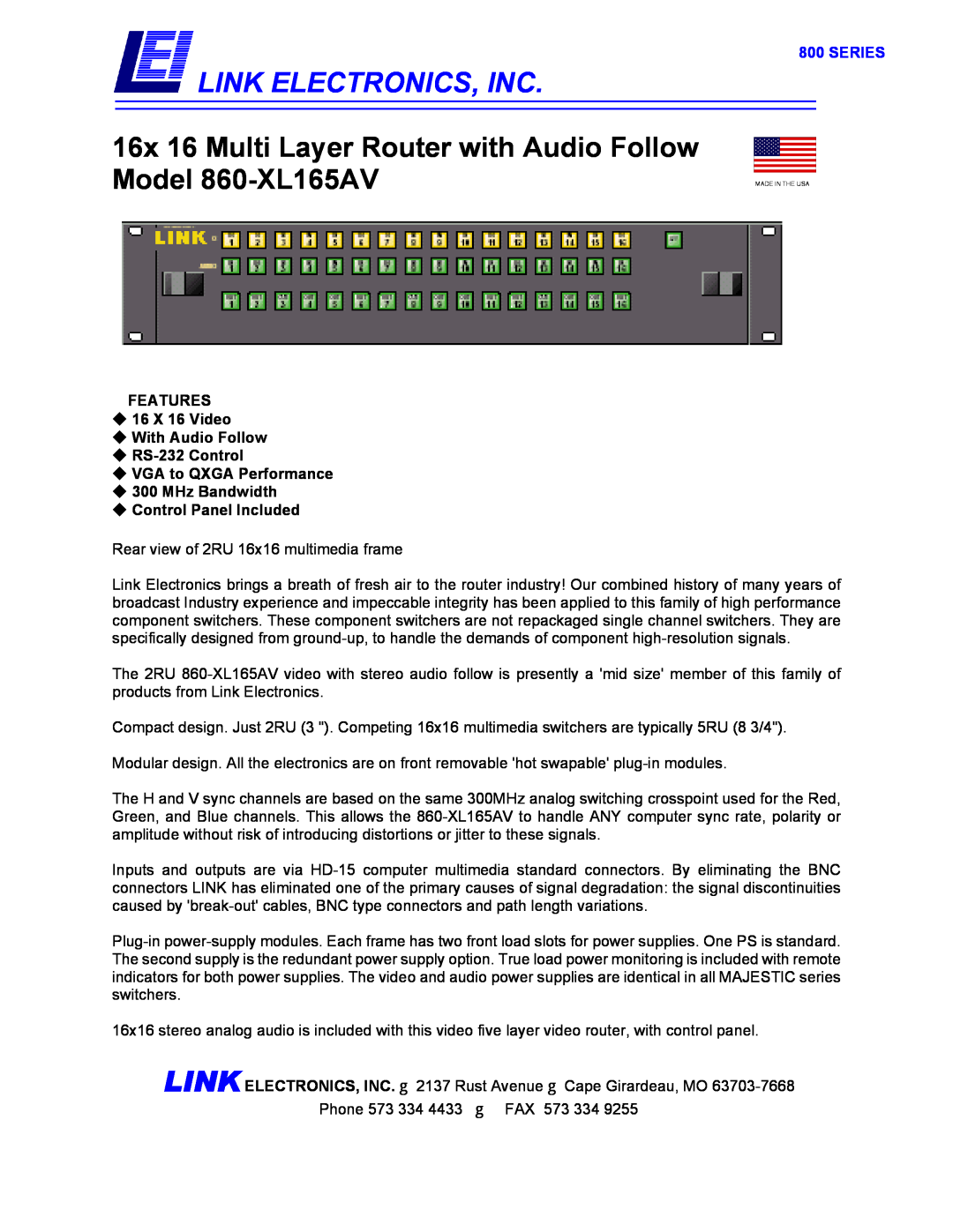 Link electronic 860-XL165AV manual Series, Link Electronics, Inc, ‹ VGA to QXGA Performance ‹ 300 MHz Bandwidth 