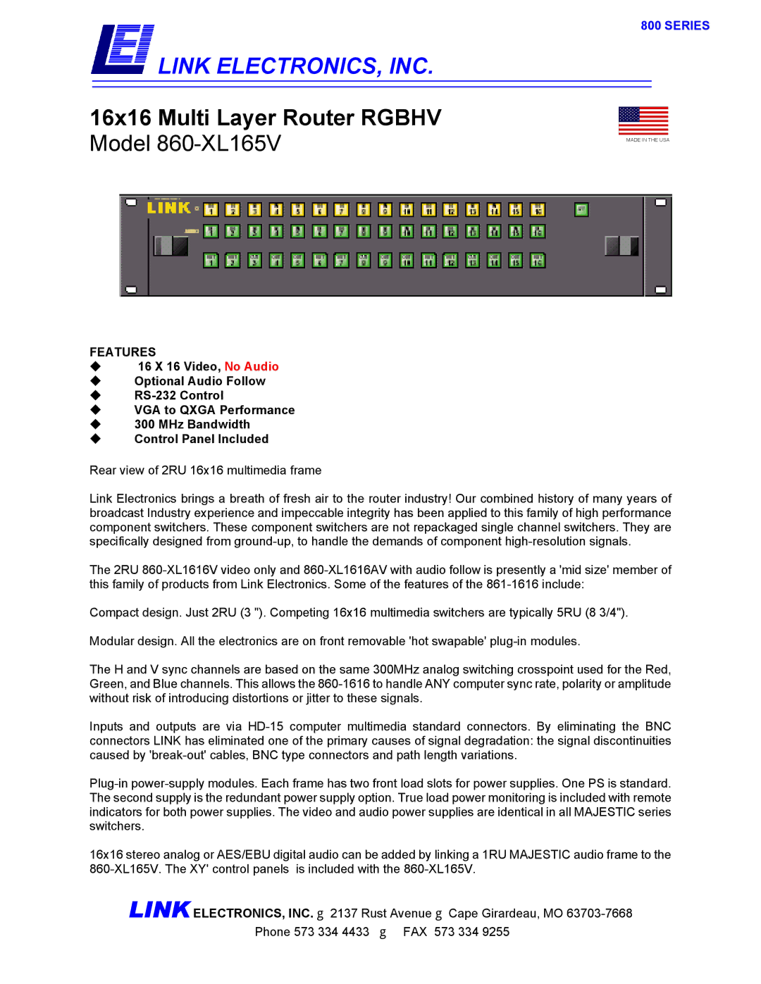 Link electronic 860-XL165V manual Link ELECTRONICS, INC, Series 