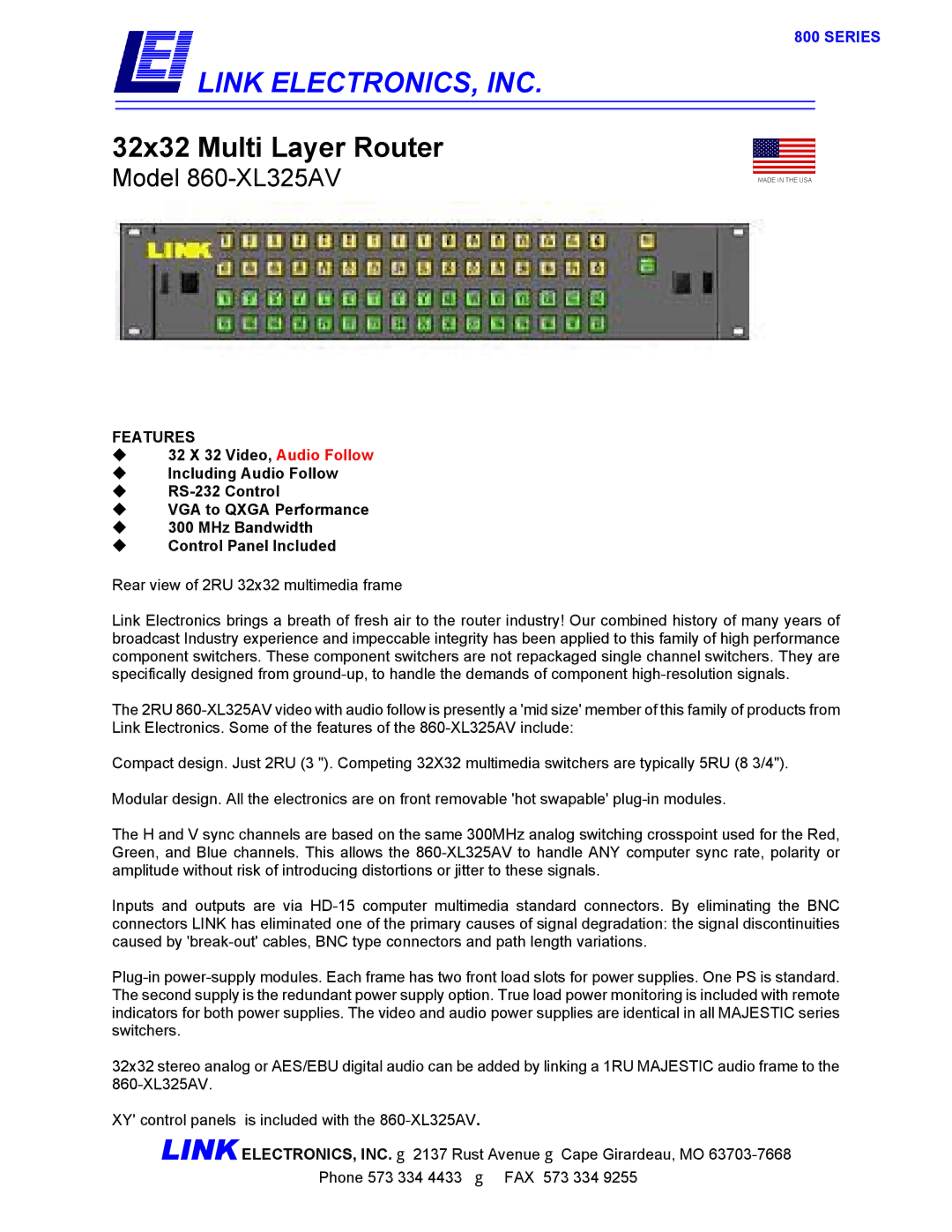 Link electronic 860-XL325AV manual Link ELECTRONICS, INC, Series 