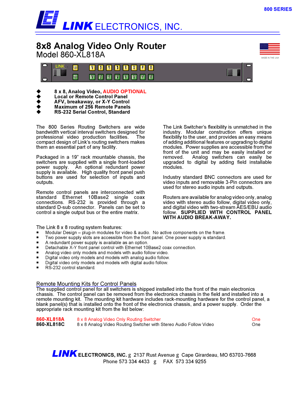 Link electronic 860-XL818A manual 8x8 Analog Video Only Router, Series 