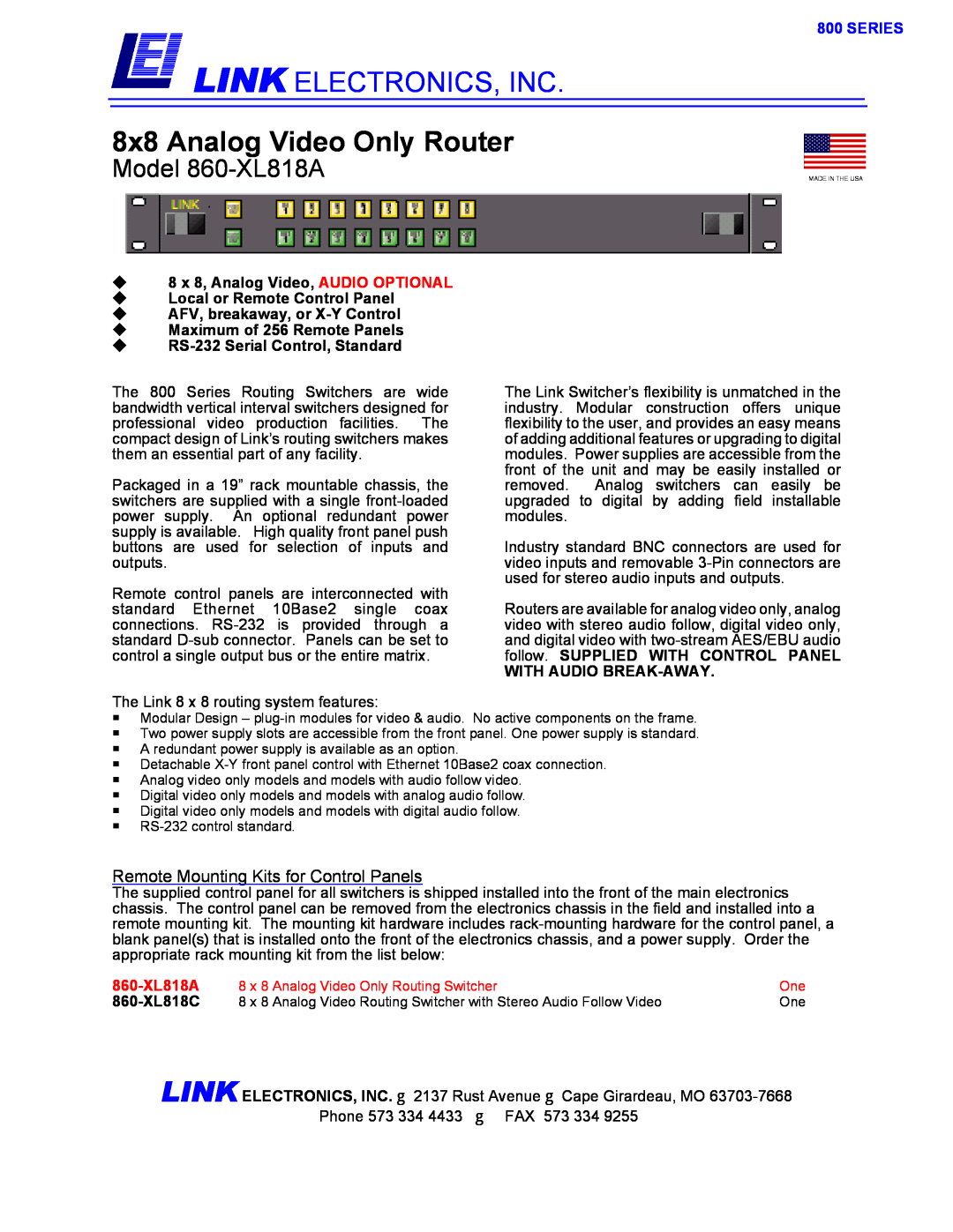 Link electronic manual Series, Link Electronics, Inc, 8x8 Analog Video Only Router, Model 860-XL818A, 860-XL818C 