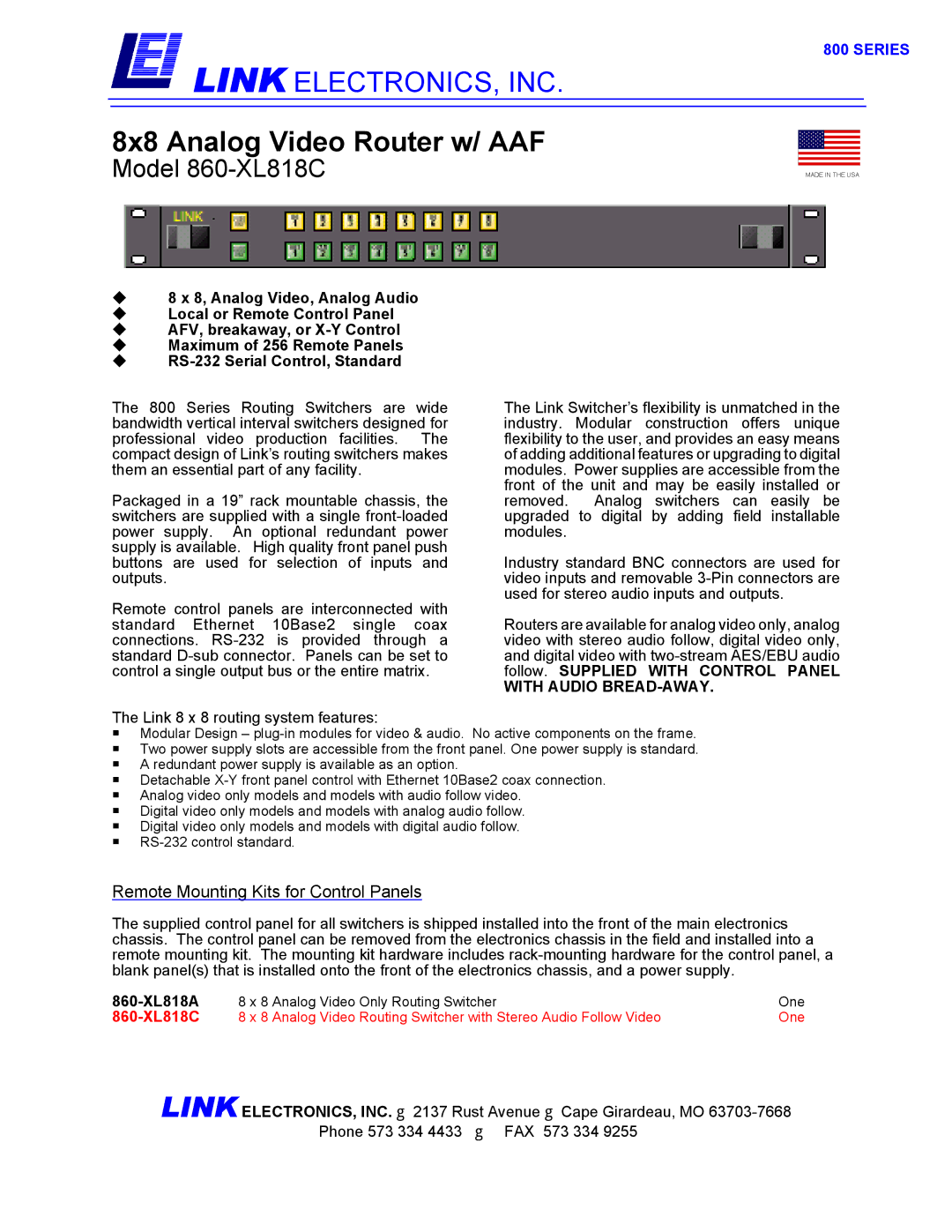 Link electronic 860-XL818C manual 8x8 Analog Video Router w/ AAF, Series 