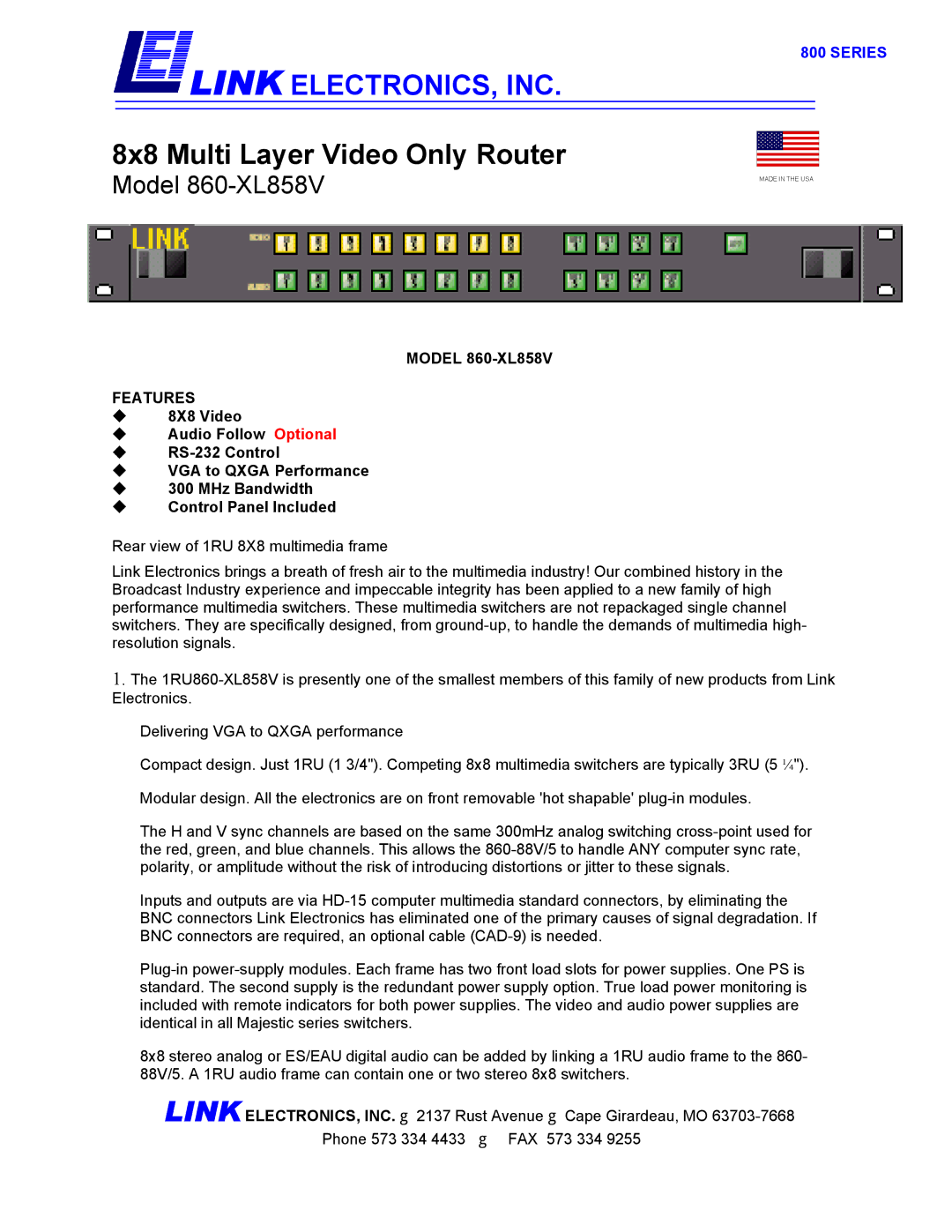 Link electronic manual Link ELECTRONICS, INC, 8x8 Multi Layer Video Only Router, Model 860-XL858V, Features, Series 