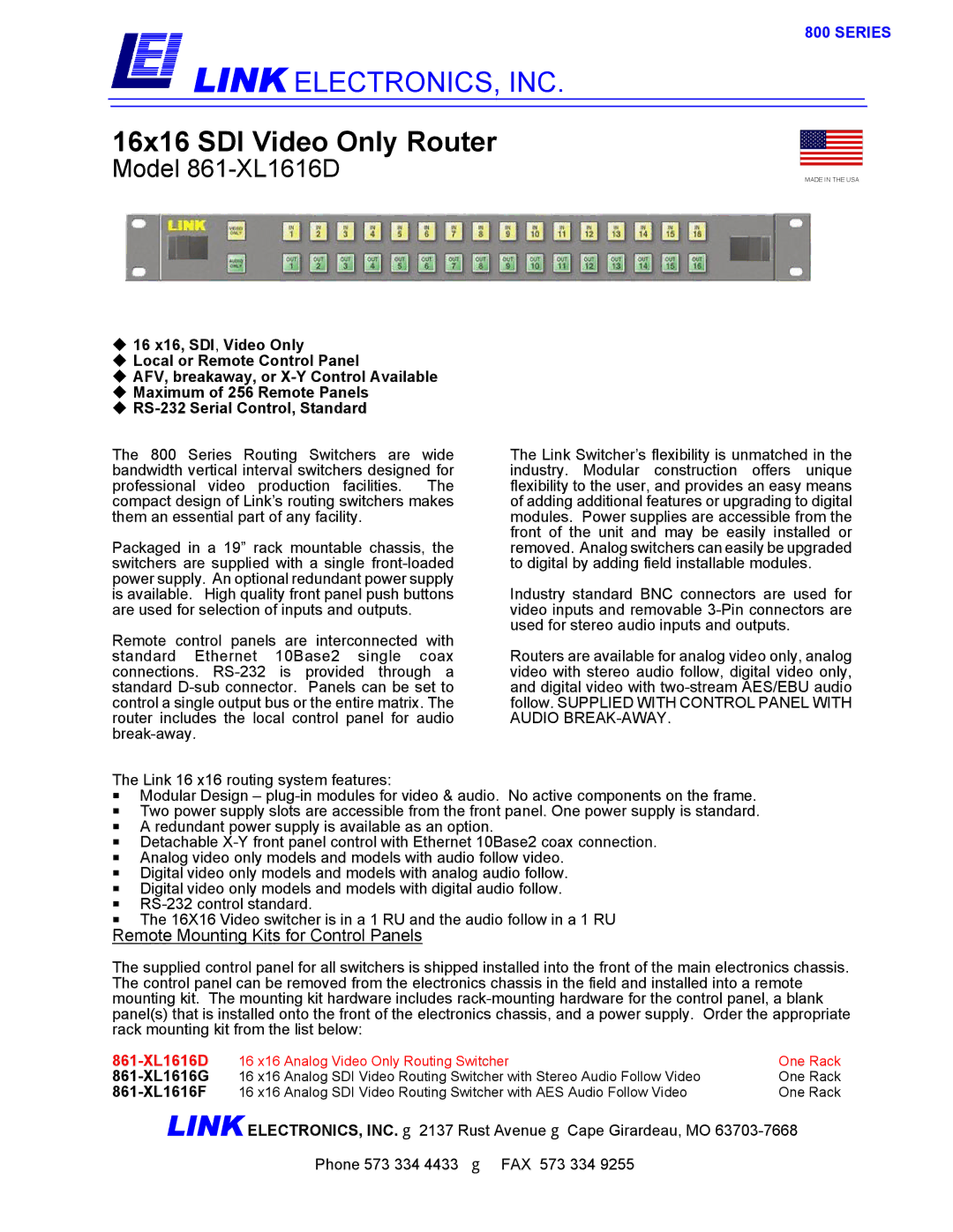 Link electronic 861-XL1616D manual 16x16 SDI Video Only Router, Series 