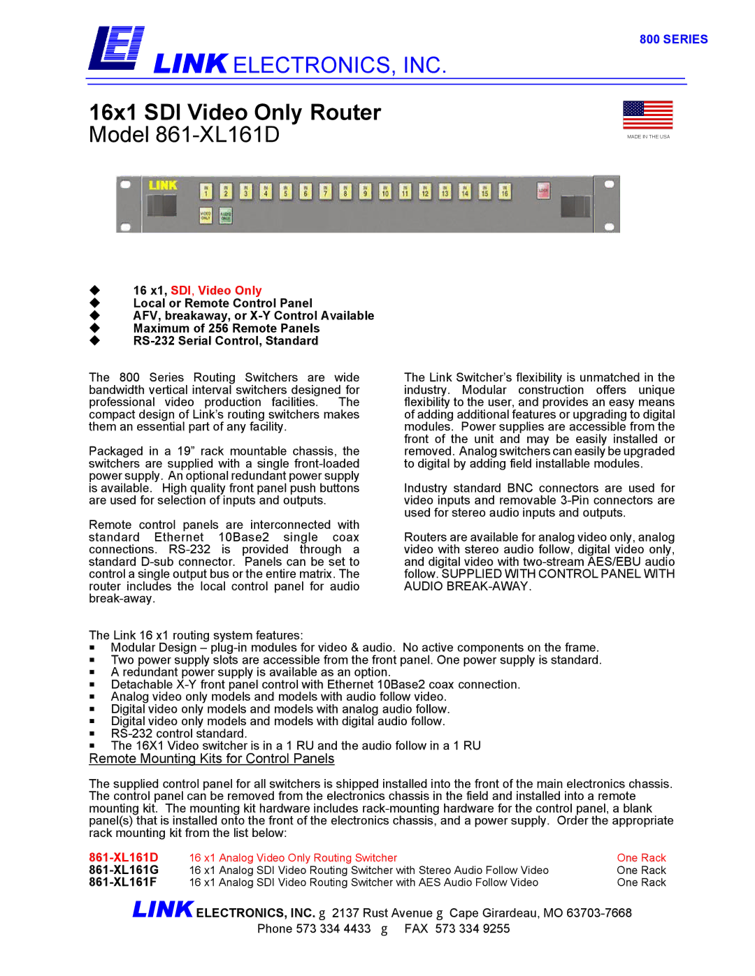 Link electronic 861-XL161D manual Series, ‹ 16 x1, SDI, Video Only 