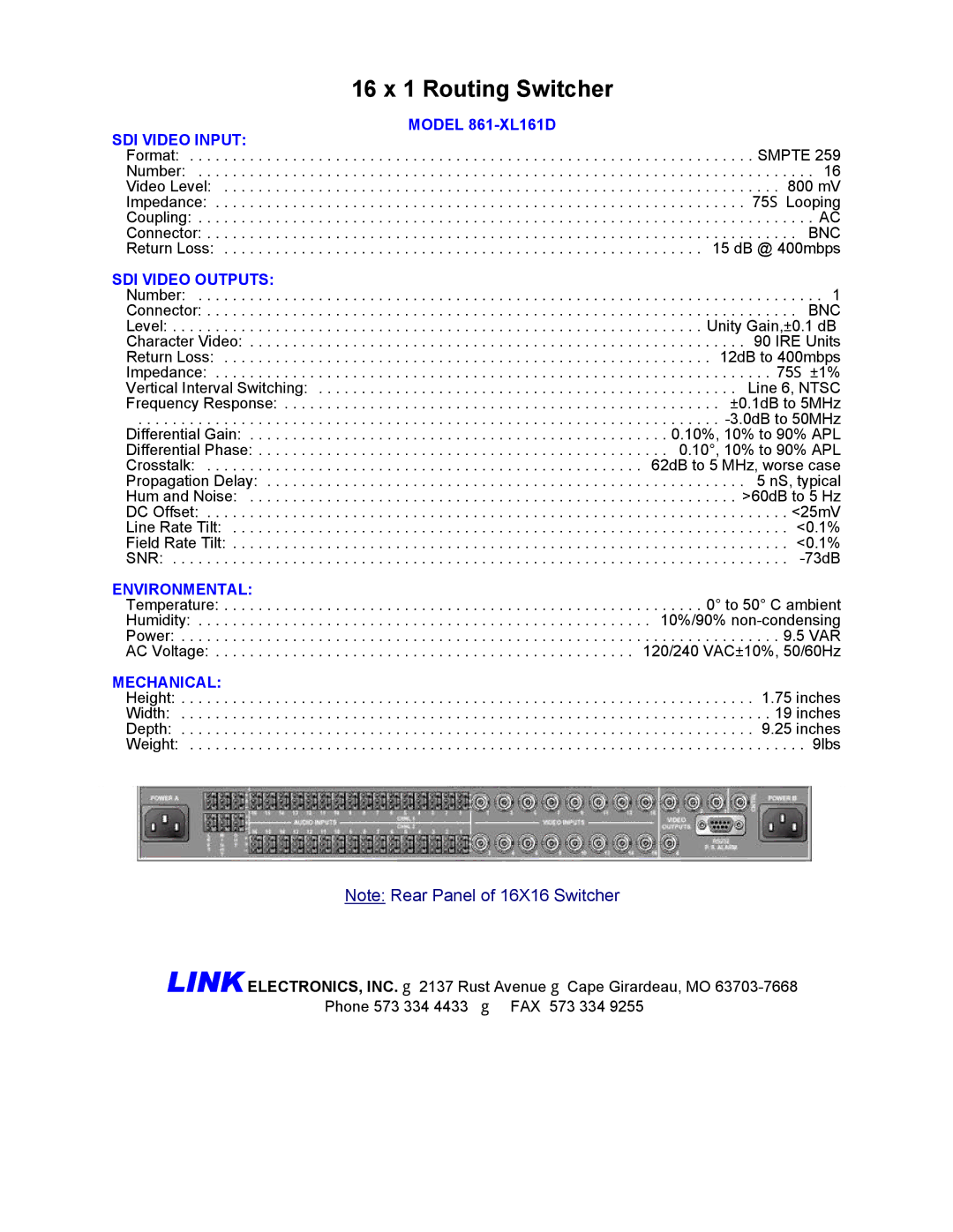 Link electronic 861-XL161D manual SDI Video Input, SDI Video Outputs, Environmental, Mechanical 
