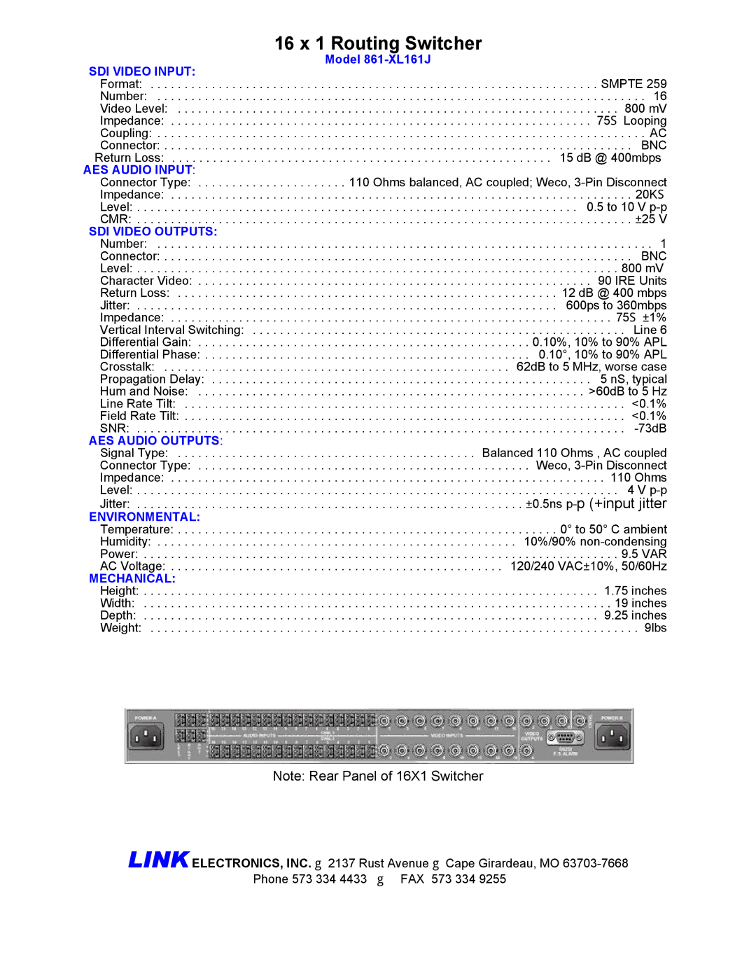 Link electronic 861-XL161J manual SDI Video Input, AES Audio Input, SDI Video Outputs, AES Audio Outputs, Environmental 