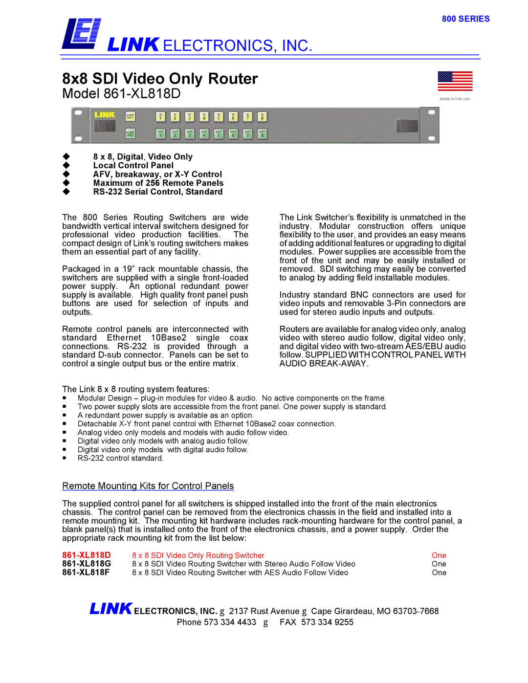 Link electronic manual 8x8 SDI Video Only Router, Model 861-XL818D, Remote Mounting Kits for Control Panels, Series 