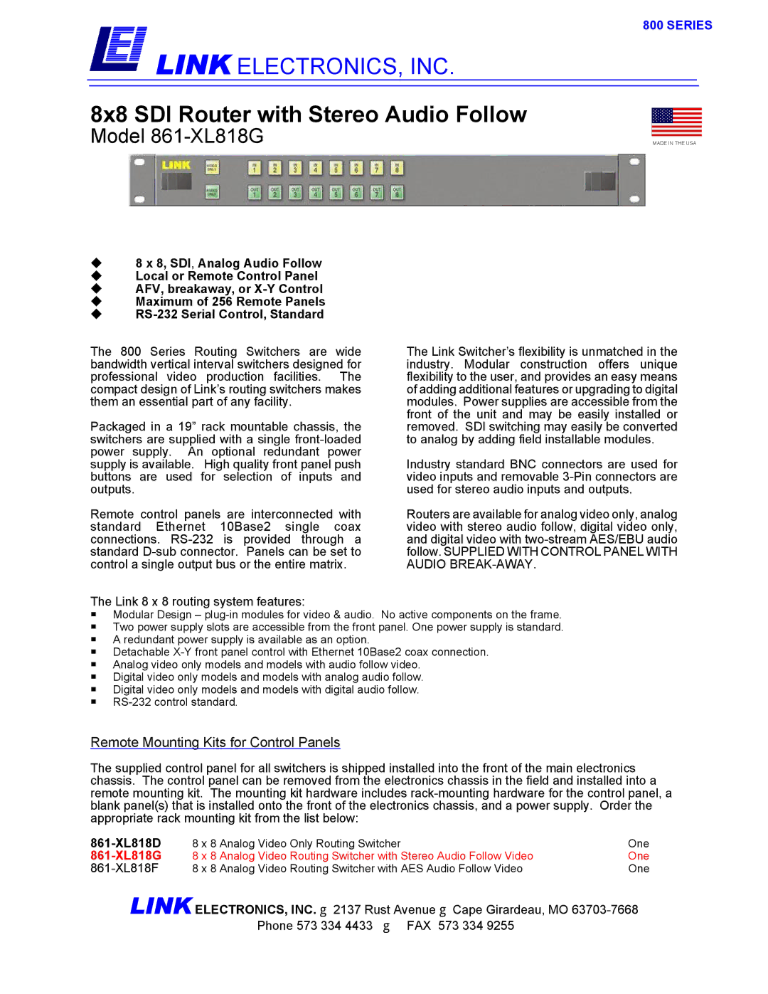 Link electronic 861-XL818G manual 8x8 SDI Router with Stereo Audio Follow, Series 