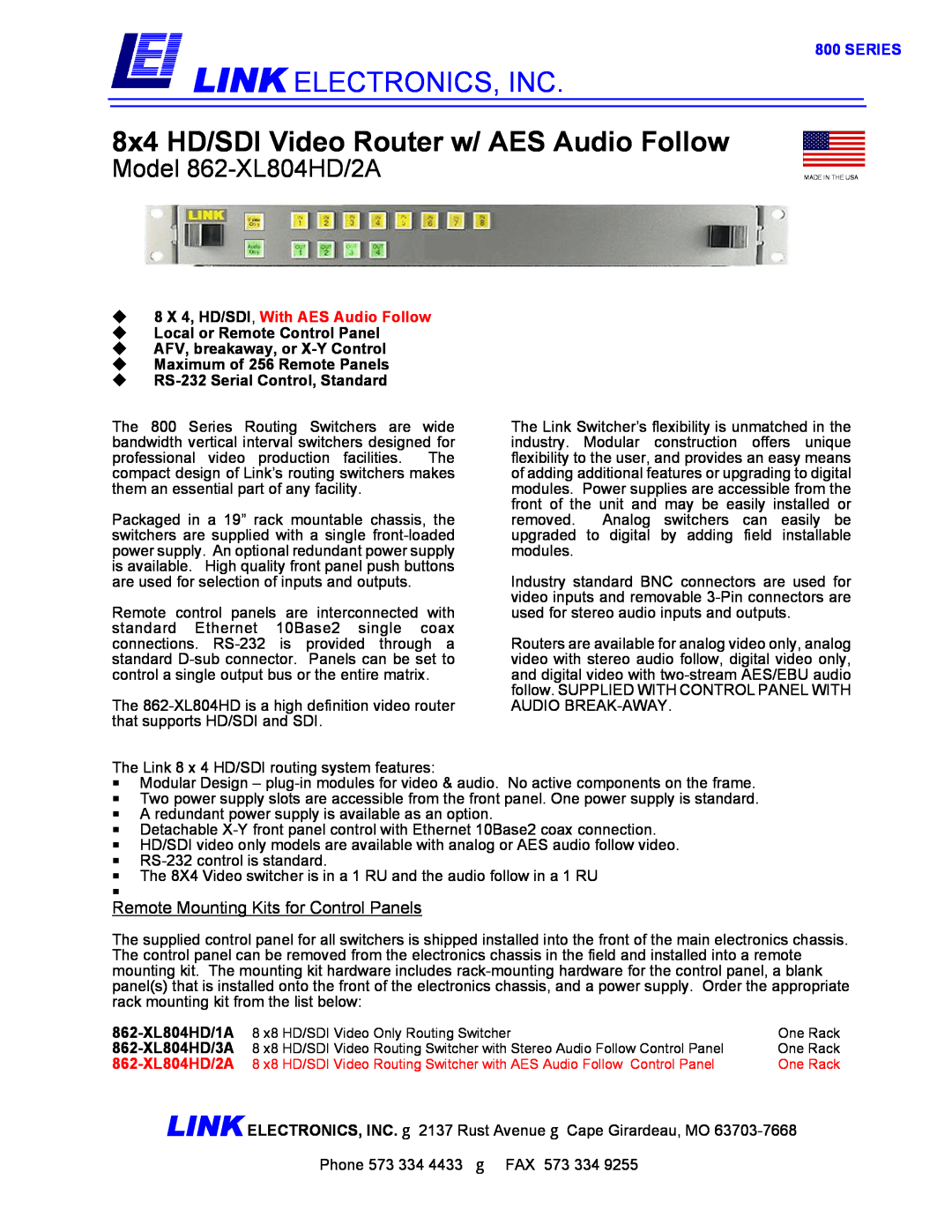 Link electronic 862-XL804HD/2A manual Series, Link Electronics, Inc, 8x4 HD/SDI Video Router w/ AES Audio Follow 