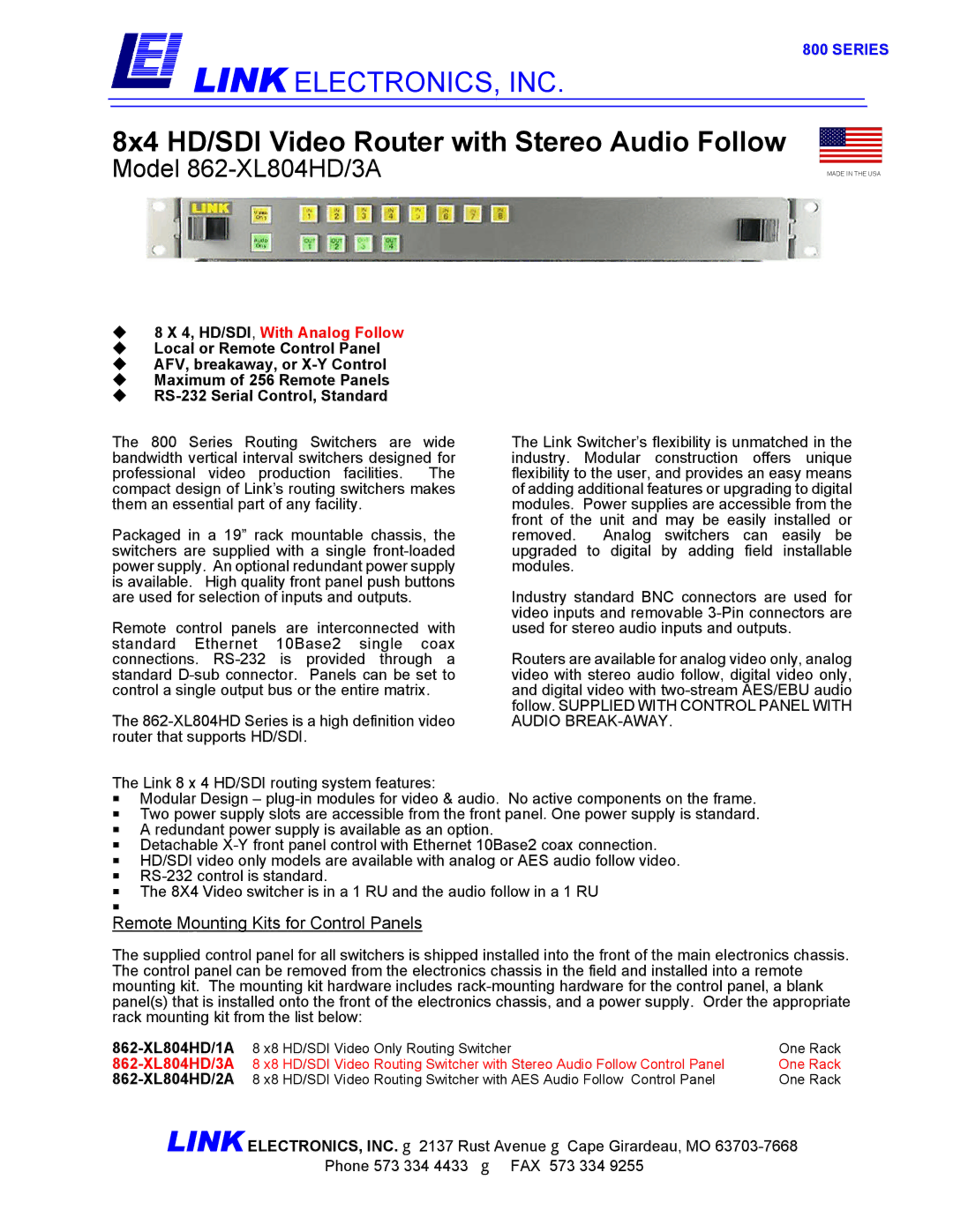Link electronic 862-XL804HD/3A manual Series, ‹ 8 X 4, HD/SDI, With Analog Follow 