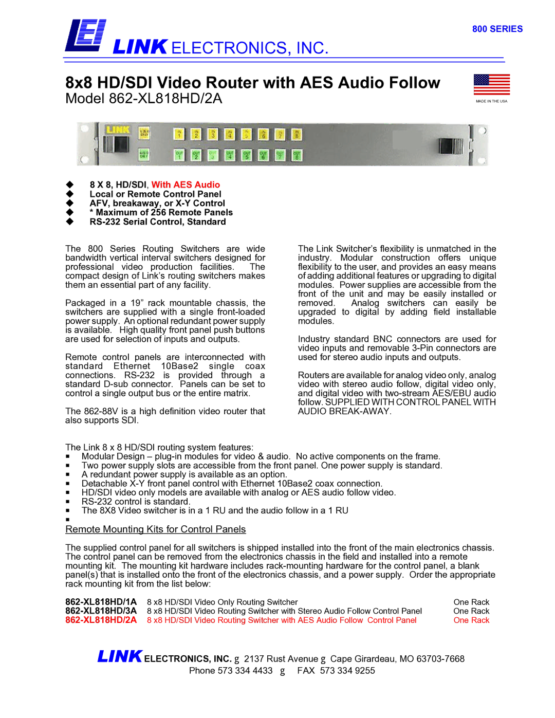 Link electronic 862-XL818HD/2A manual Series, ‹ 8 X 8, HD/SDI, With AES Audio 