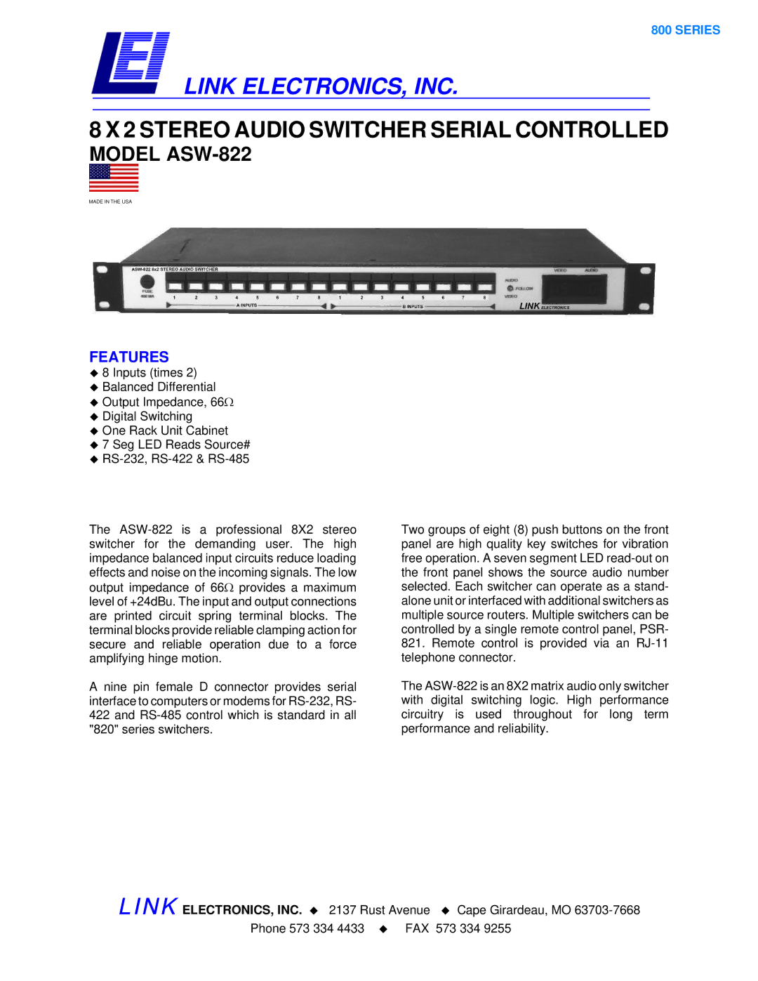 Link electronic manual Link ELECTRONICS, INC, Stereo Audio Switcher Serial Controlled, Model ASW-822, Features 