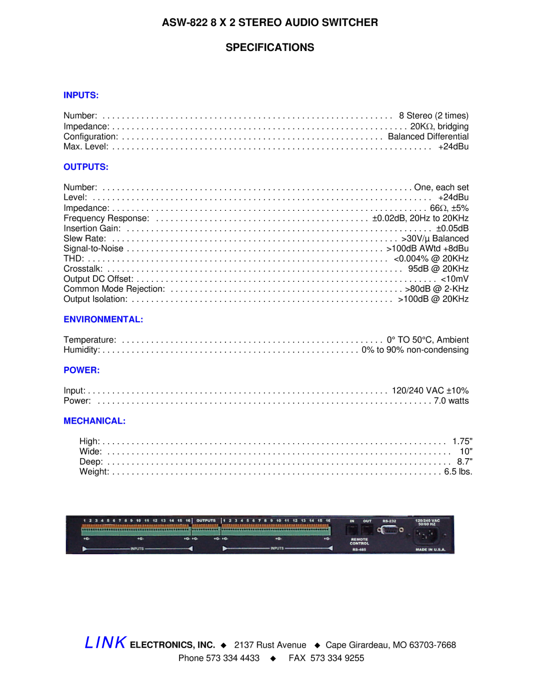 Link electronic manual ASW-822 8 X 2 Stereo Audio Switcher Specifications 