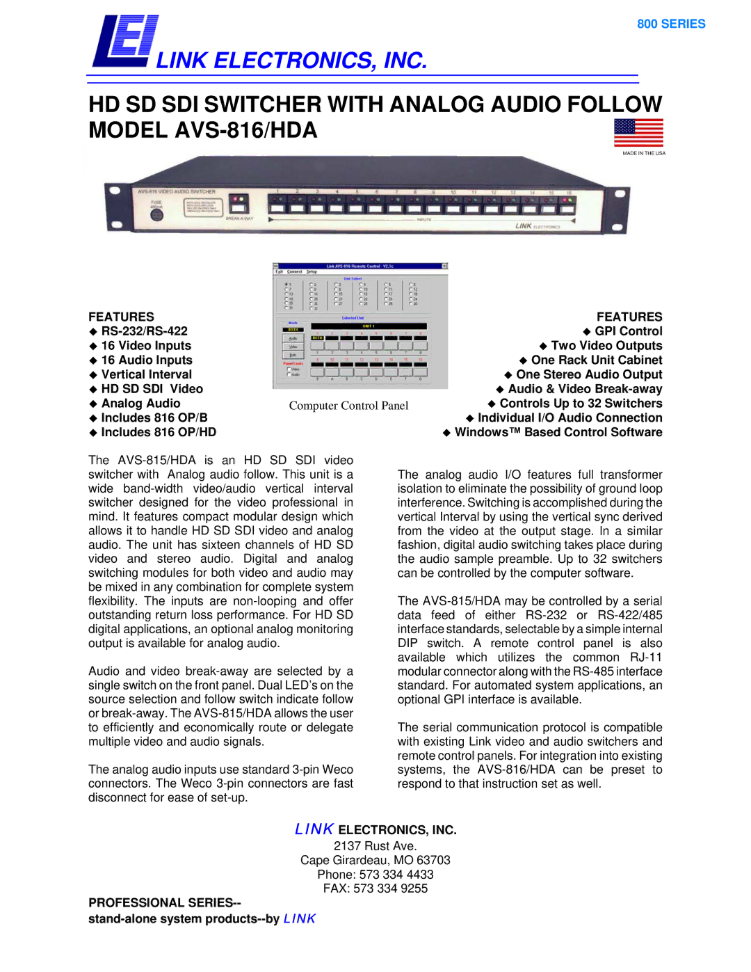 Link electronic AVS-816/HDA manual Link ELECTRONICS, INC, Features, ‹ Controls Up to 32 Switchers 