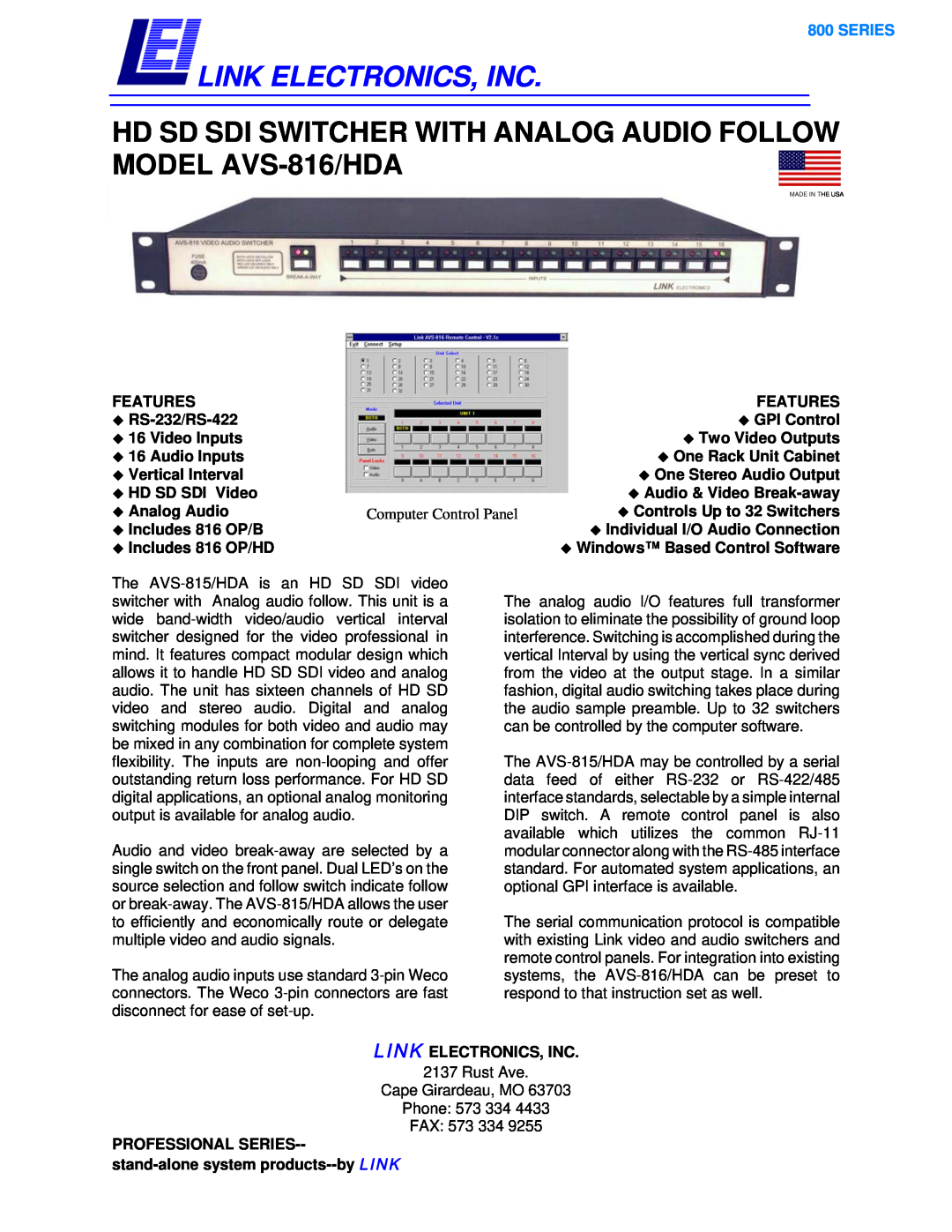 Link electronic manual Link Electronics, Inc, HD SD SDI SWITCHER WITH ANALOG AUDIO FOLLOW MODEL AVS-816/HDA, Series 