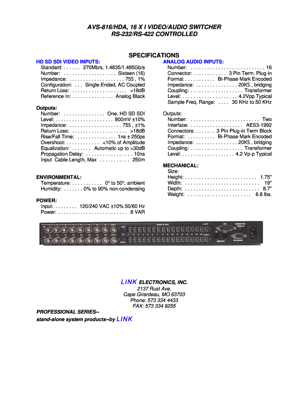Link electronic AVS-816/HDA, 16 X I VIDEO/AUDIO SWITCHER RS-232/RS-422 CONTROLLED, Specifications, Analog Audio Inputs 
