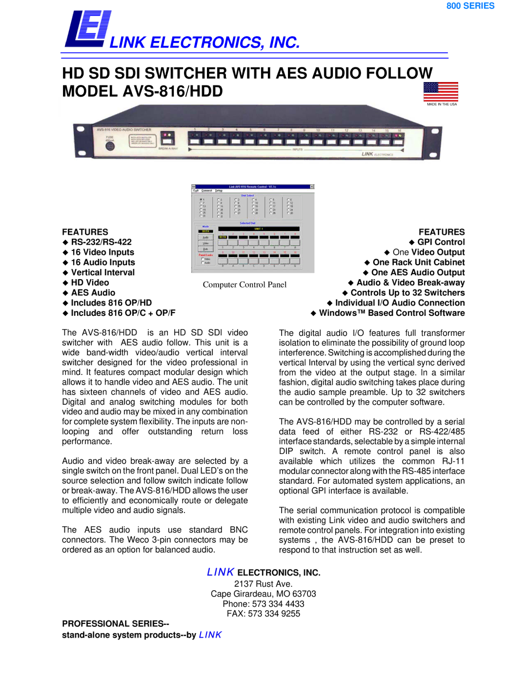 Link electronic manual Link ELECTRONICS, INC, HD SD SDI Switcher with AES Audio Follow Model AVS-816/HDD, Features 