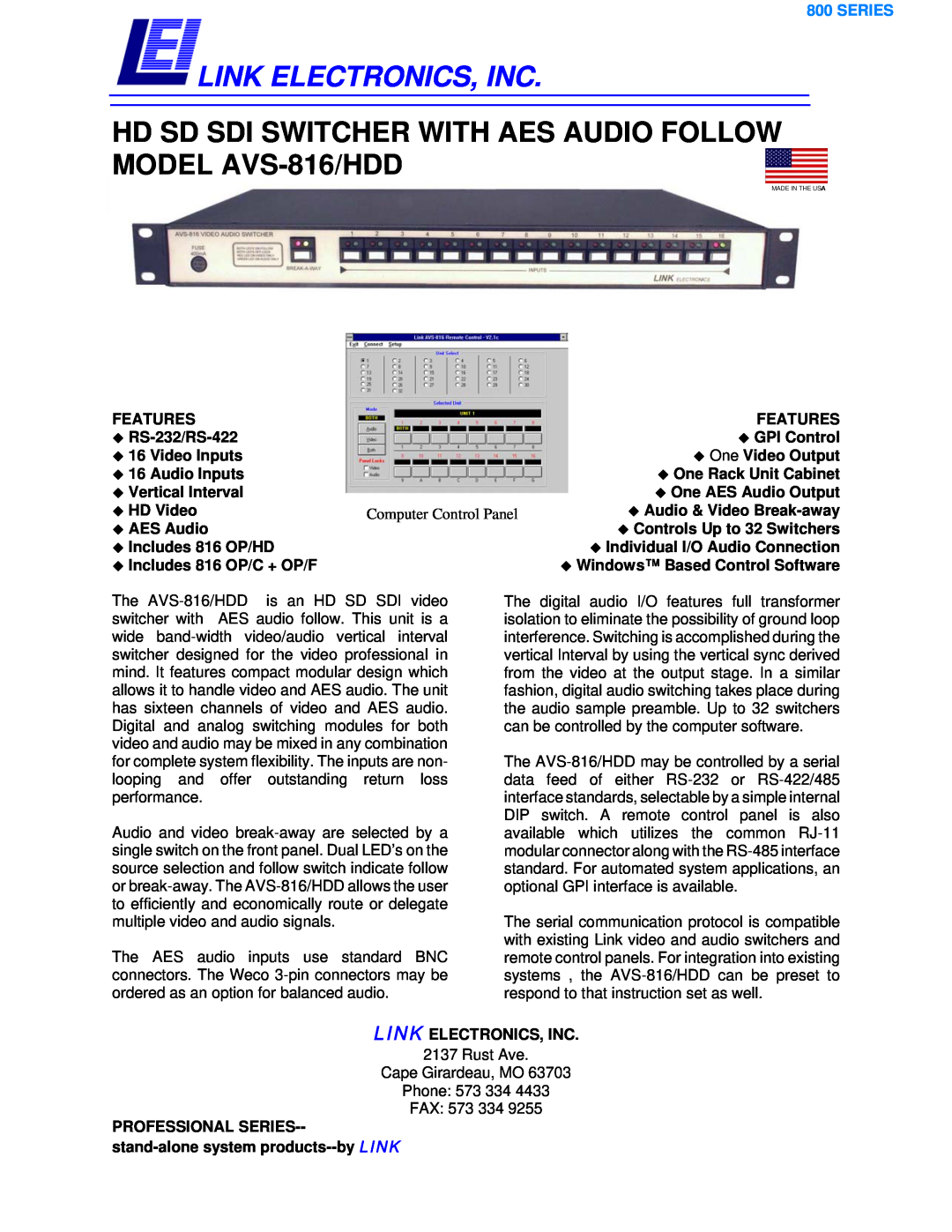 Link electronic manual Link Electronics, Inc, HD SD SDI SWITCHER WITH AES AUDIO FOLLOW MODEL AVS-816/HDD, Series 