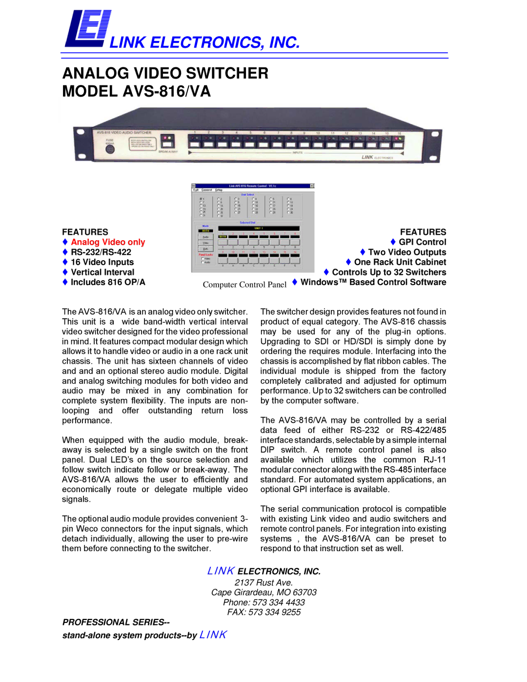 Link electronic manual Link ELECTRONICS, INC, Analog Video Switcher Model AVS-816/VA, Features,  Analog Video only 