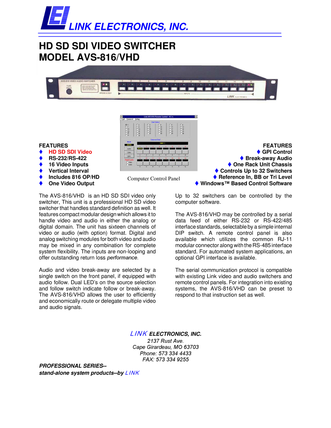 Link electronic AVS-816/VHD manual Link ELECTRONICS, INC 